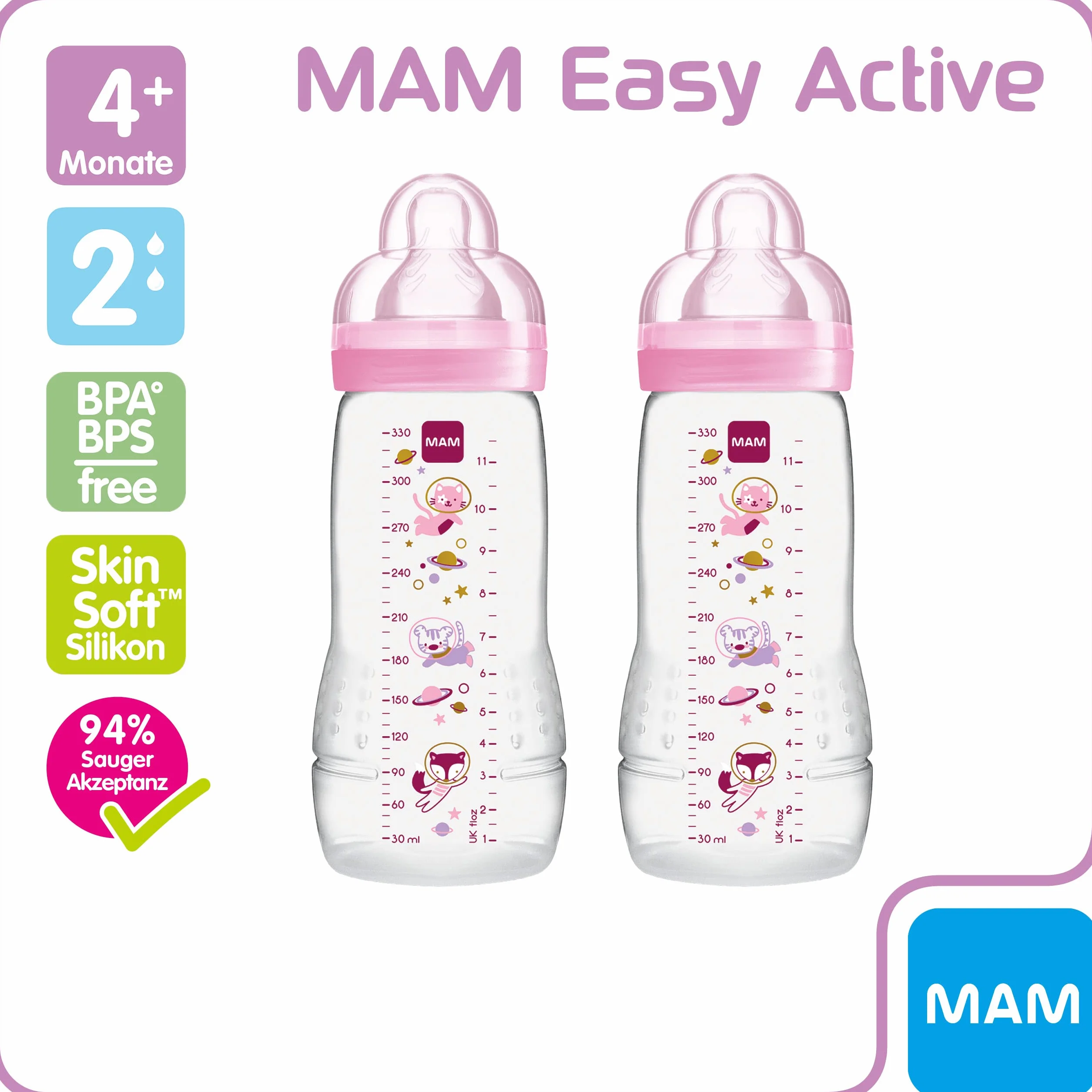 MAM Easy Active butelka do picia 330 ml zestaw 2 szt. dla niemowląt z przyssawką rozmiar 2 silikon SkinSoft ergonomiczna
