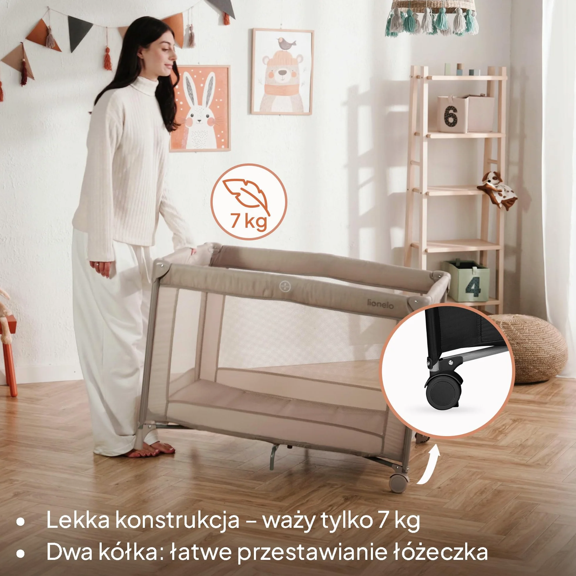 Lionelo Amelie dziecięce łóżeczko podróżne od urodzenia do 15 kg, małe, składane, miękki materac składany, 100,5 x 70,5 cm, 2 koła, boczne wejście, torba podróżna