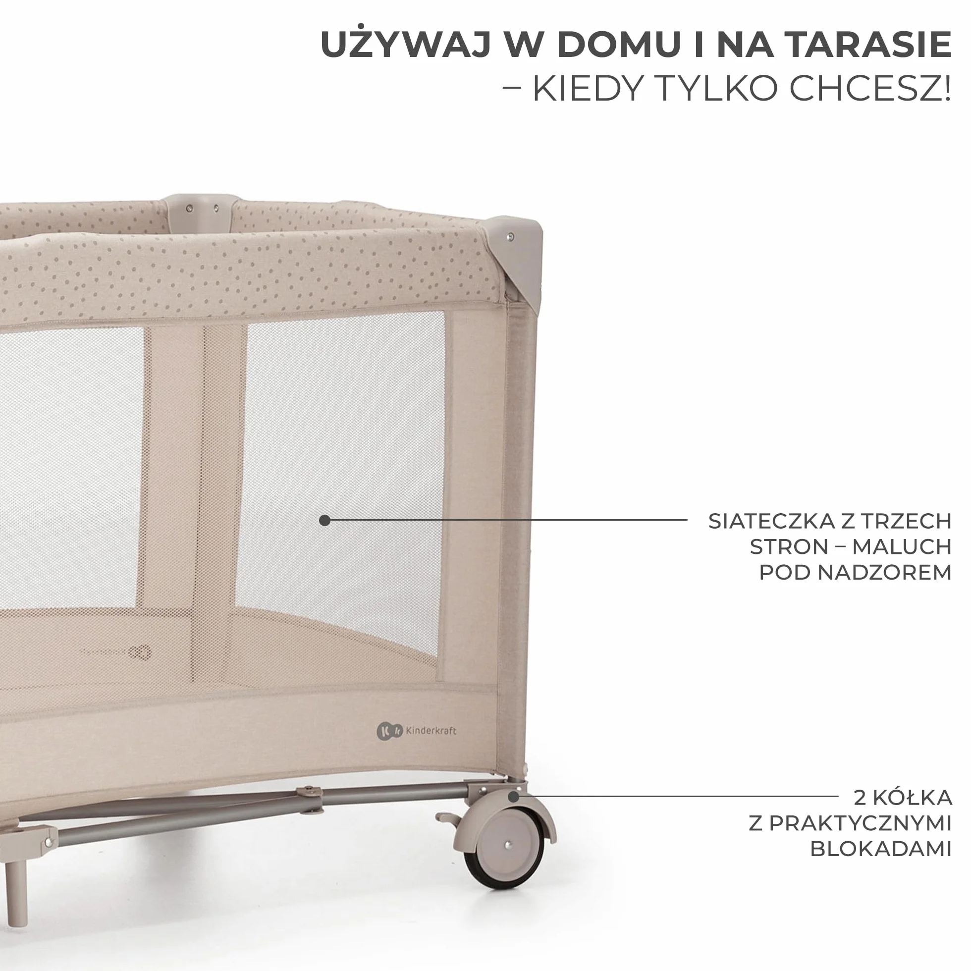 Kinderkraft JOY 2 Łóżeczko turystyczne 2 w 1, Boczne wejście, Szybkie składanie i rozkładanie, Zabezpieczenie przed złożeniem, Kółka i torba ułatwiające transport, Beżowy