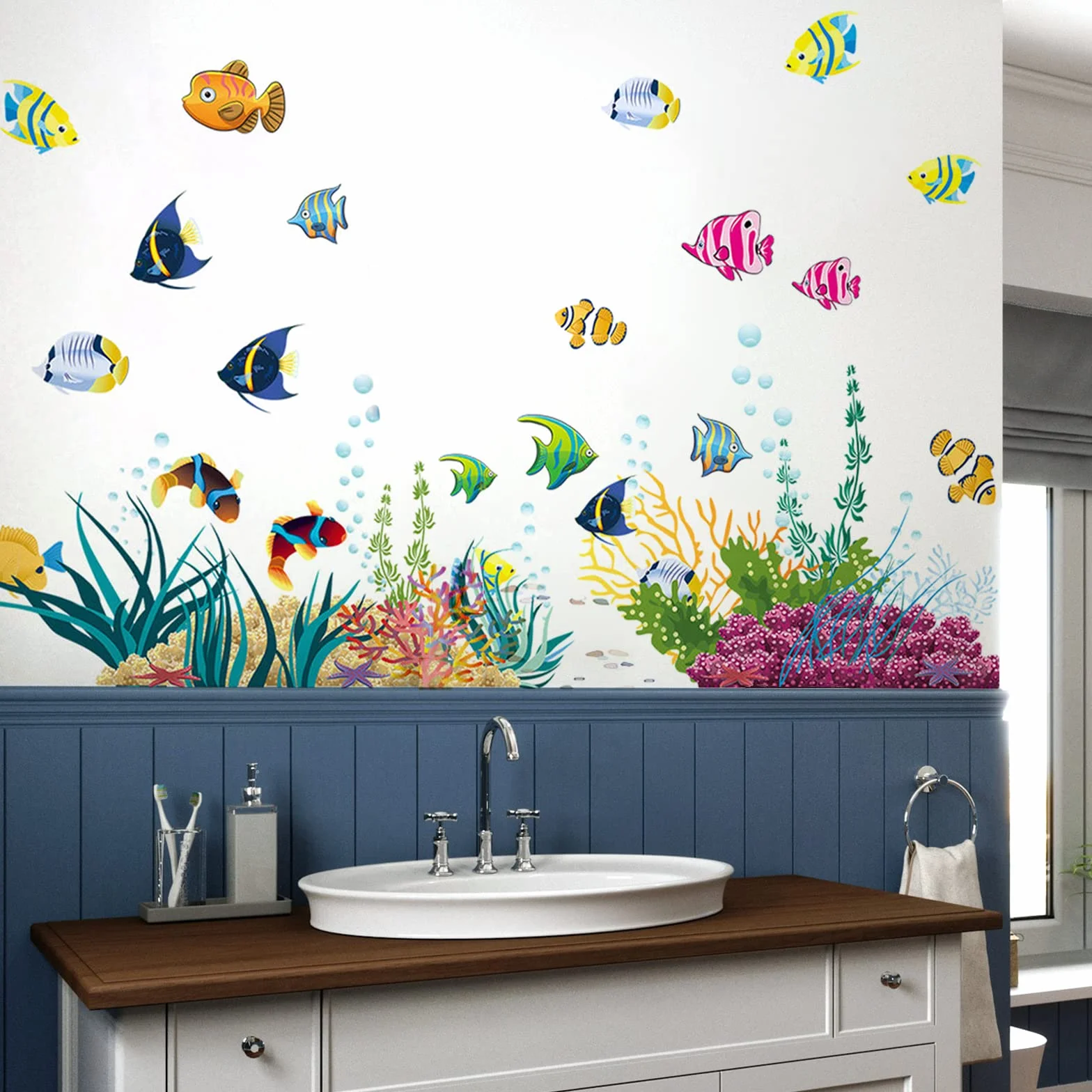 WandSticker4U® - Naklejki ścienne dla dzieci ZWIERZĘTA MORSKIE (130 x 42 cm) I winylowa naklejka ścienna łazienka ryba ocean podwodny świat I dekoracja łazienki płytki pokój dziecięcy duży