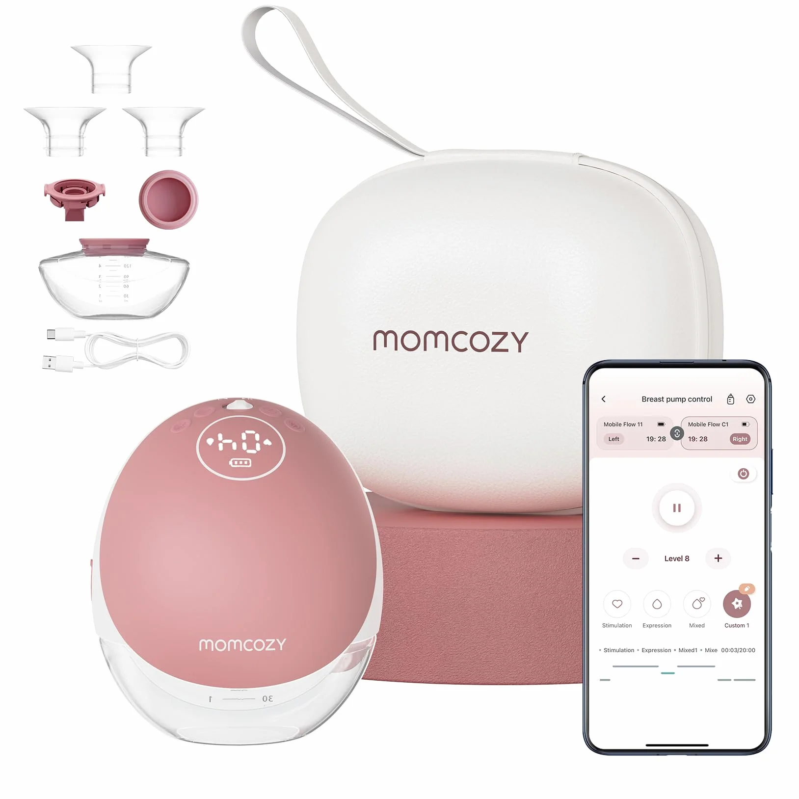 Momcozy M9 Mobilny laktator bez użycia rąk, elektryczny z aplikacją, 15 stopni, 24 mm, czerwony