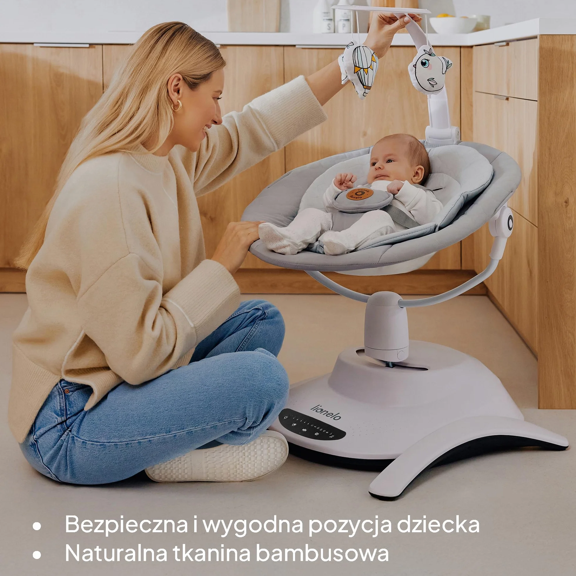 LIONELO Bella zestaw 2 w 1 elektryczny kołyska dla niemowląt, 360o gondola dla niemowląt do 9 kg, regulowane oparcie, 5 prędkości huśtawki, antypoślizgowy pas bezpieczeństwa