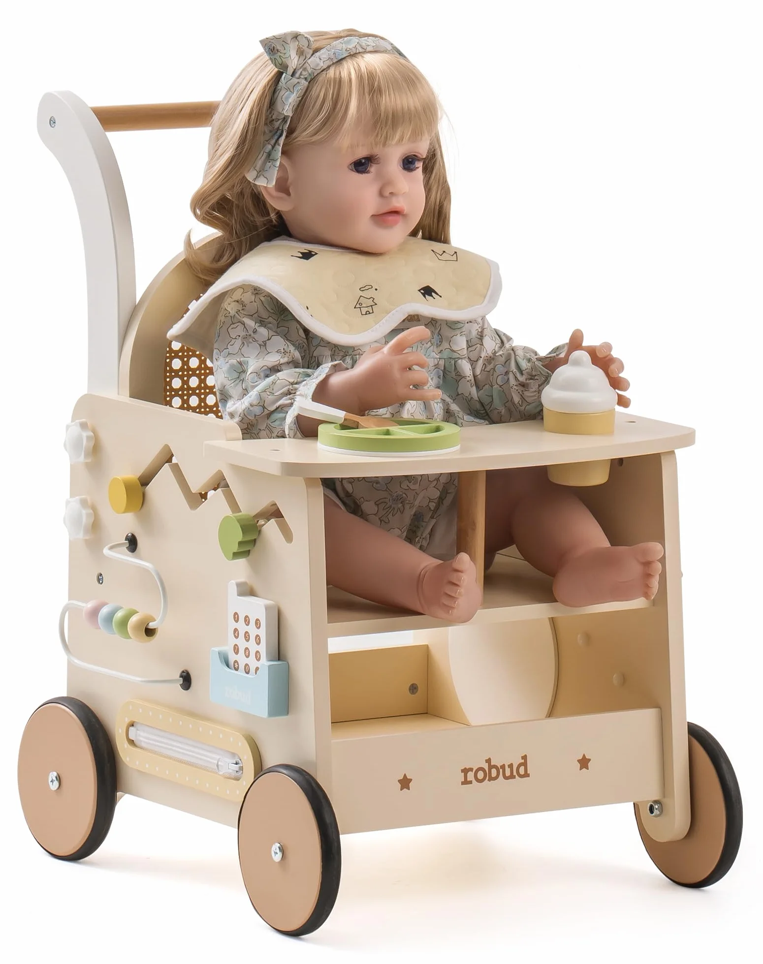 ROBUD Drewniany pomocnik do nauki chodzenia Baby Walker 2 w 1, wózek do nauki chodzenia z Montessori Busy Activity Board, hamulec bezpieczeństwa, zabawka na spacery, prezent