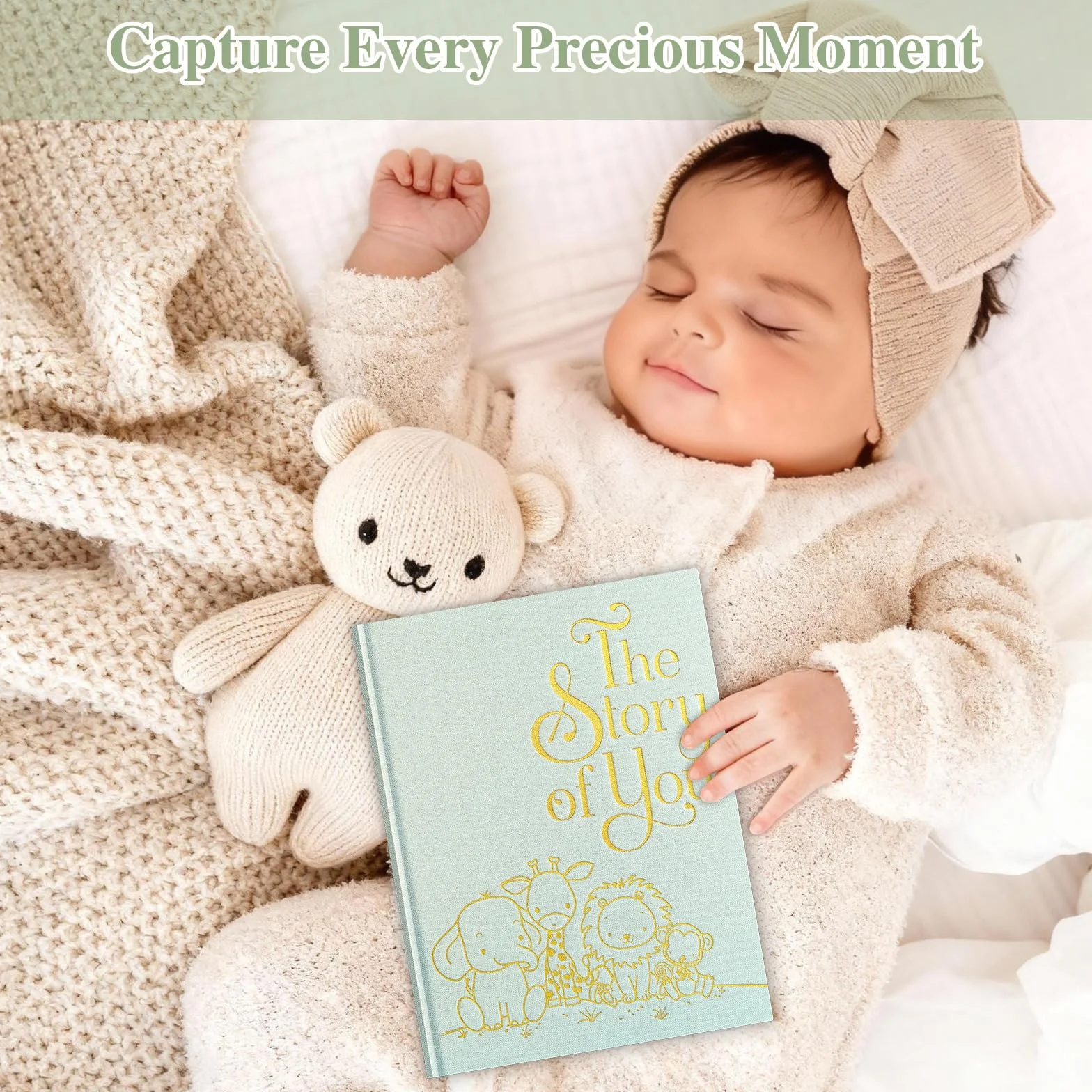Lanpn Album fotograficzny dla dziecka Pierwszy 5 Rok dla chłopca dziewczynki, The Story of Your Baby Memory Book, Pamiętnik dla dzieci, Dziennik dla noworodków Prezent (154 strony, angielski, zielony)