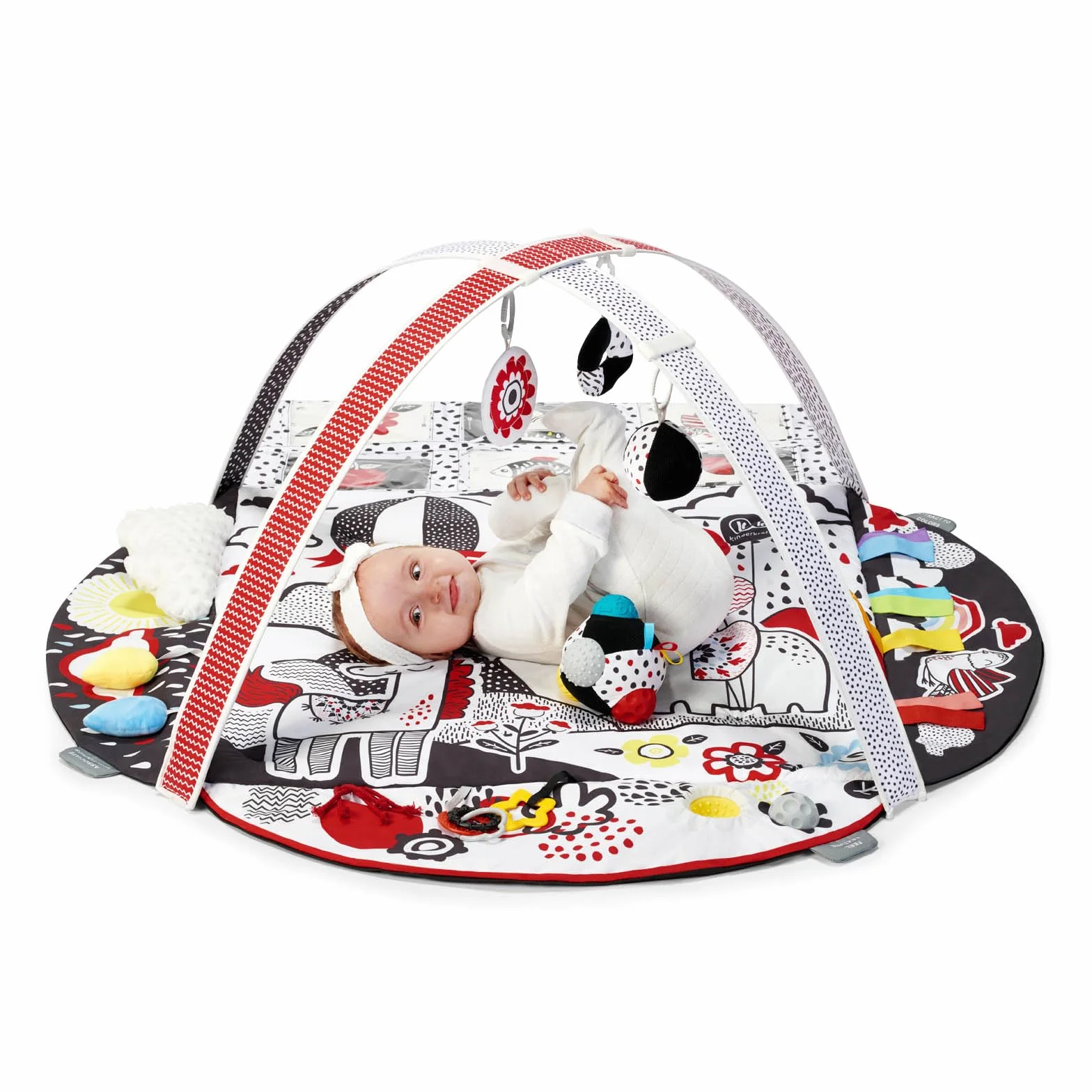 Kinderkraft Mata Sensoryczna 4SMART, Edukacyjna, Kontrastowe kolory, 4 Strefy, Rozwija zmysły, Regulowany pałąk z zabawkami, Piłka, 14 Dwustronnych kart, Wielokolorowy