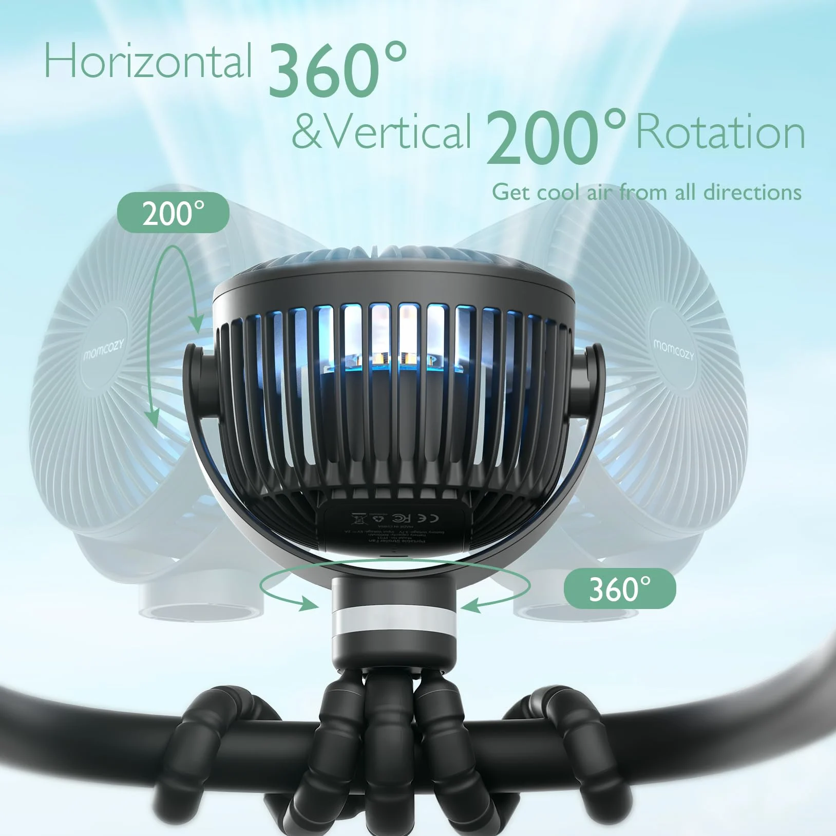 Momcozy Przenośny Wentylator Do Wózka 8000 mAh 27 H 4-Biegowy 360° LED Nocne 2 Tryby USB Ładowanie Czarny
