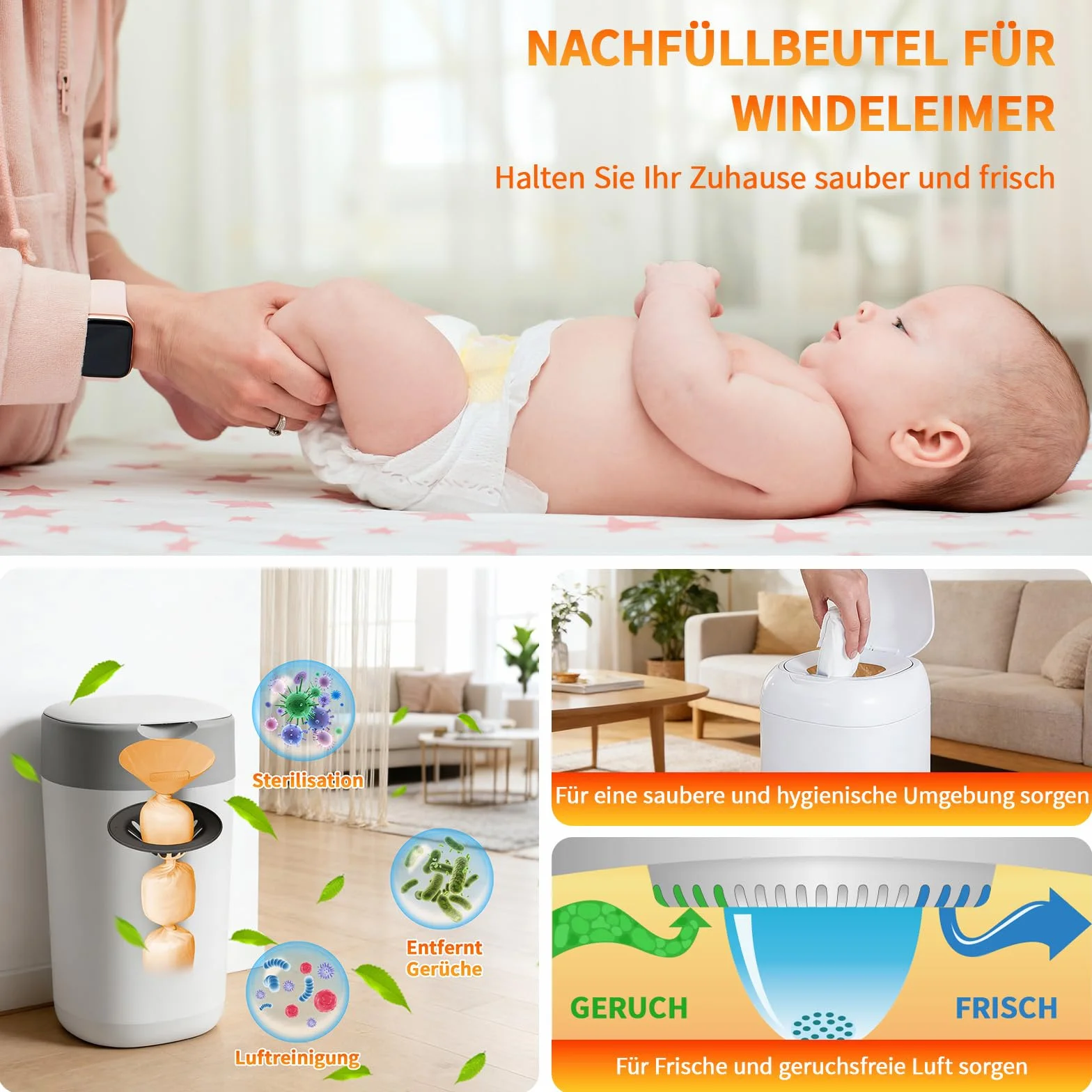 8 sztuk pojemników na pieluchy, wkłady uzupełniające, folia uzupełniająca, worki na pieluchy, bezzapachowe, zagęszczone, kompatybilne z wiaderkami na pieluchy i kotami