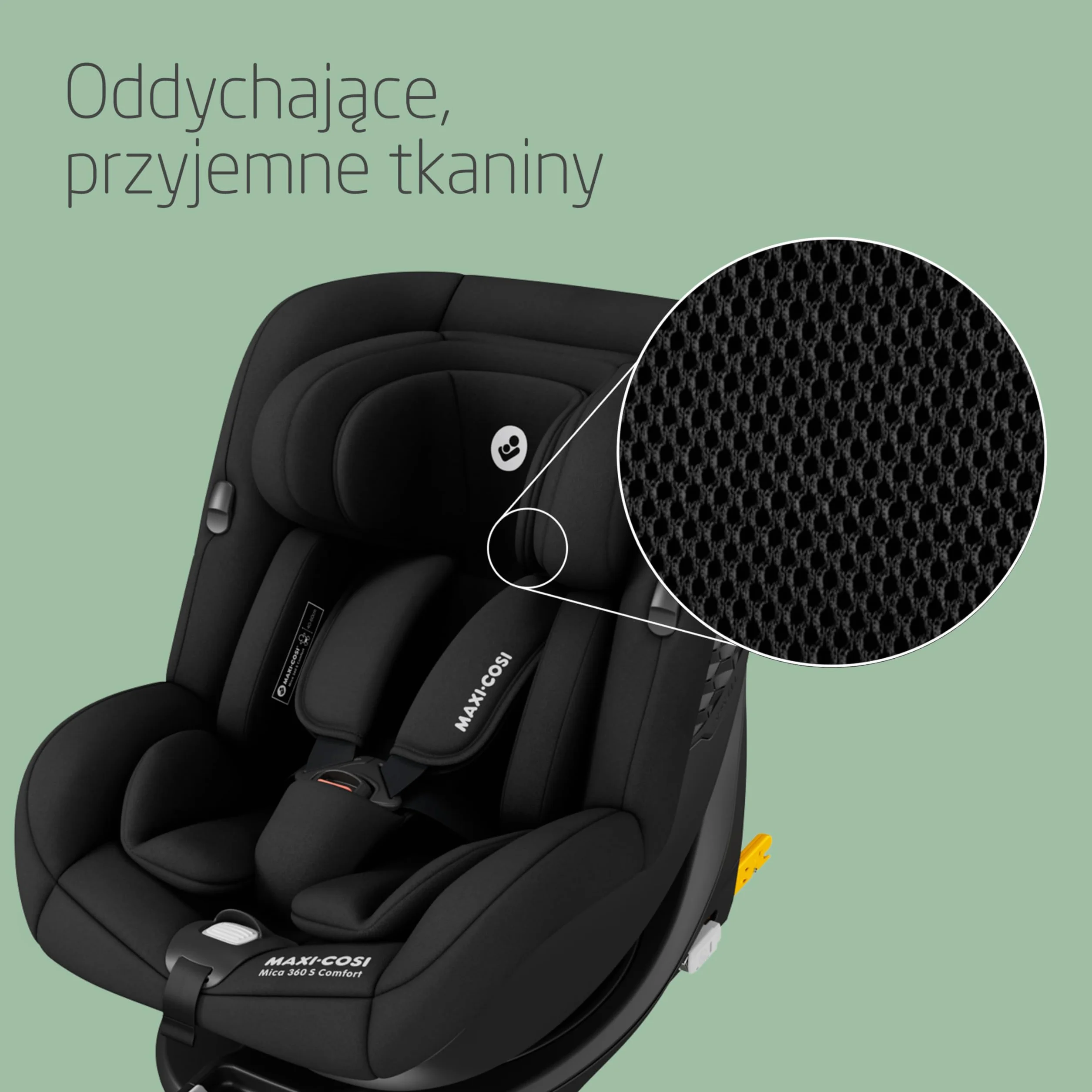 Maxi-Cosi Mica 360 S Comfort, Tkaniny przepuszczające powietrze, Fotelik samochodowy obrotowy 360, 0–4 lata (40–105 cm), Obracanie FlexiSpin, 5 pozycji odchylenia, Ochrony G-CELL, Authentic Black