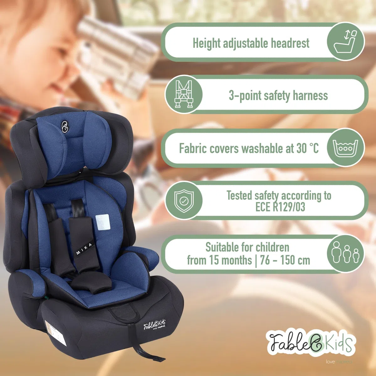 FableKids Fotelik dziecięcy | 5-punktowe szelki bezpieczeństwa | Grupa 1+2+3 dla 9-36 kg | Regulowany zagłówek | Zdejmowane oparcie | Regulowane (44 x 44 x 66-78 cm) (niebieski)