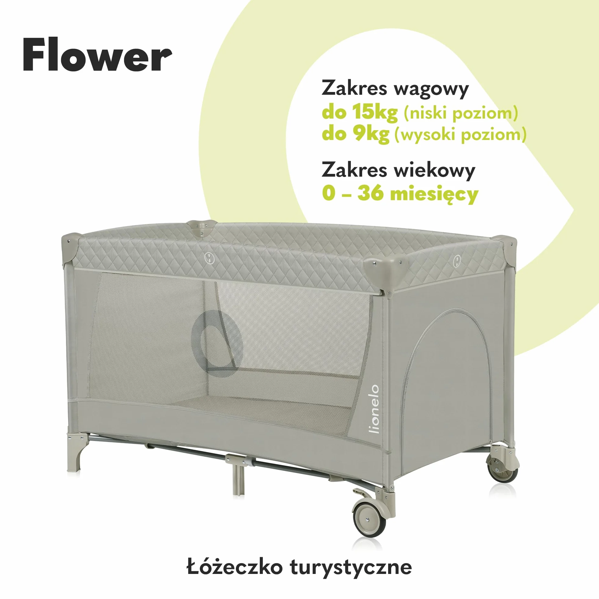 Lionelo Flower Łóżeczko Turystyczne Dla Niemowląt Z Wejściem Bocznym, Przewijak Dwie Wysokości Materaca, Łuk Zabawkowy Z Figurkami Do Zabawy, Kółka, Torba Do Noszenia