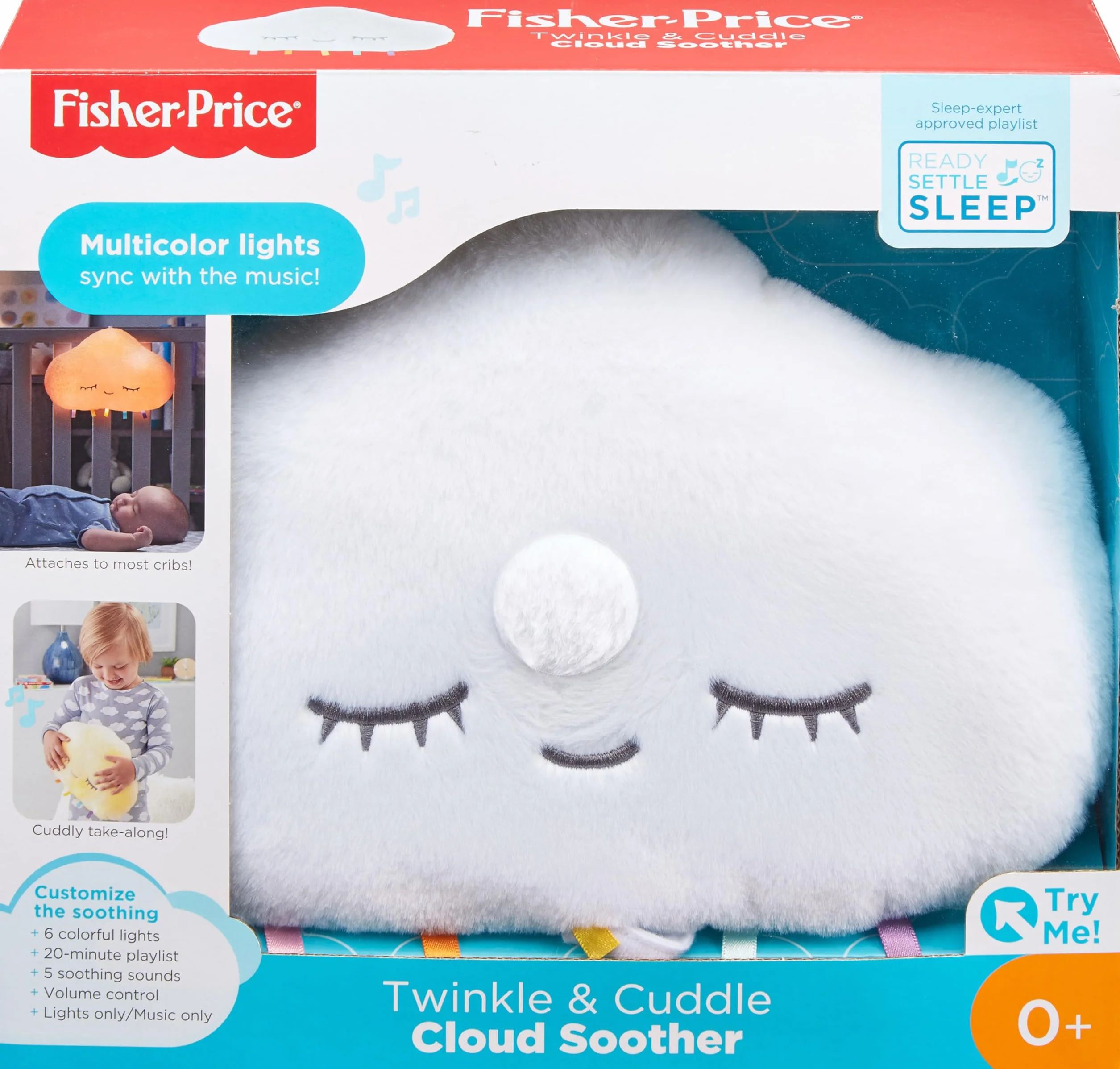 Fisher-Price Senna chmurka Usypiacz do łóżeczka, mięciutki uspokajacz z muzyką i światełkami przyczepiany do łóżeczka, dla dzieci od narodzin, GJD44