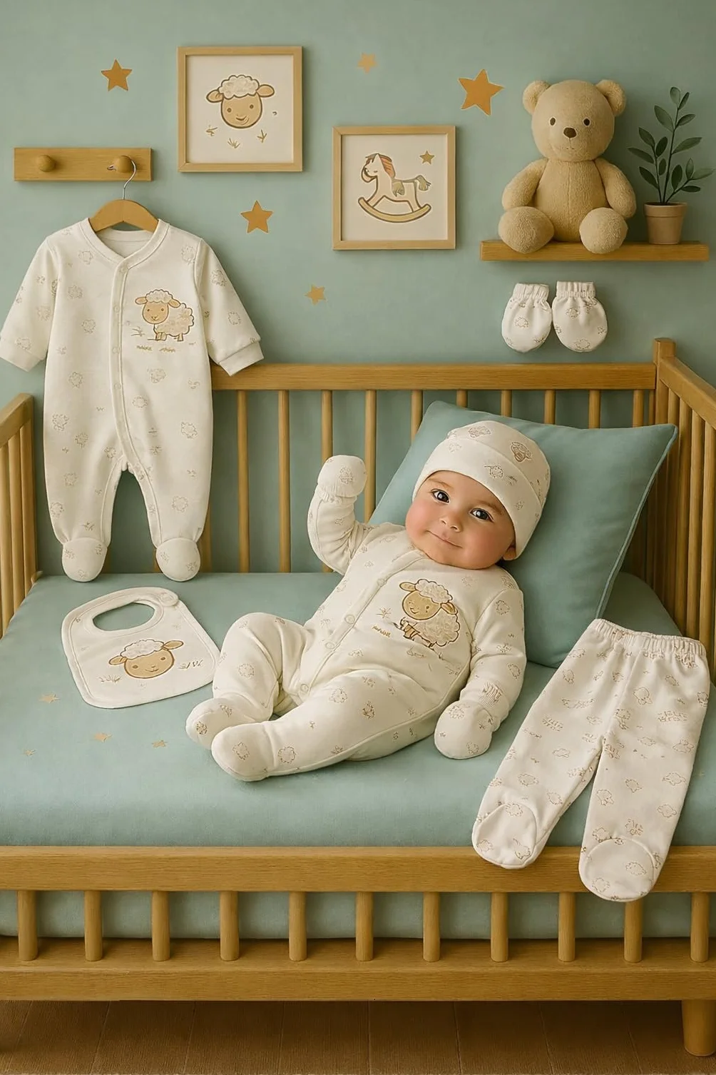 Zestaw prezentowy dla noworodków 6-częściowy 100% bawełna naturalna Oeko-Tex miękki unisex niemowlęta 0–4 miesiące Jagnięce