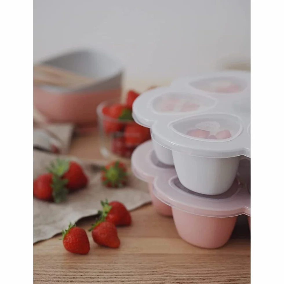 BÉABA - Pojemnik do przechowywania z silikonu w jakości premium – bardzo odporny na temperaturę – piekarnik i kuchenka mikrofalowa – 6 przegródek – hermetyczna pokrywka – 6 x 90 ml – różowy