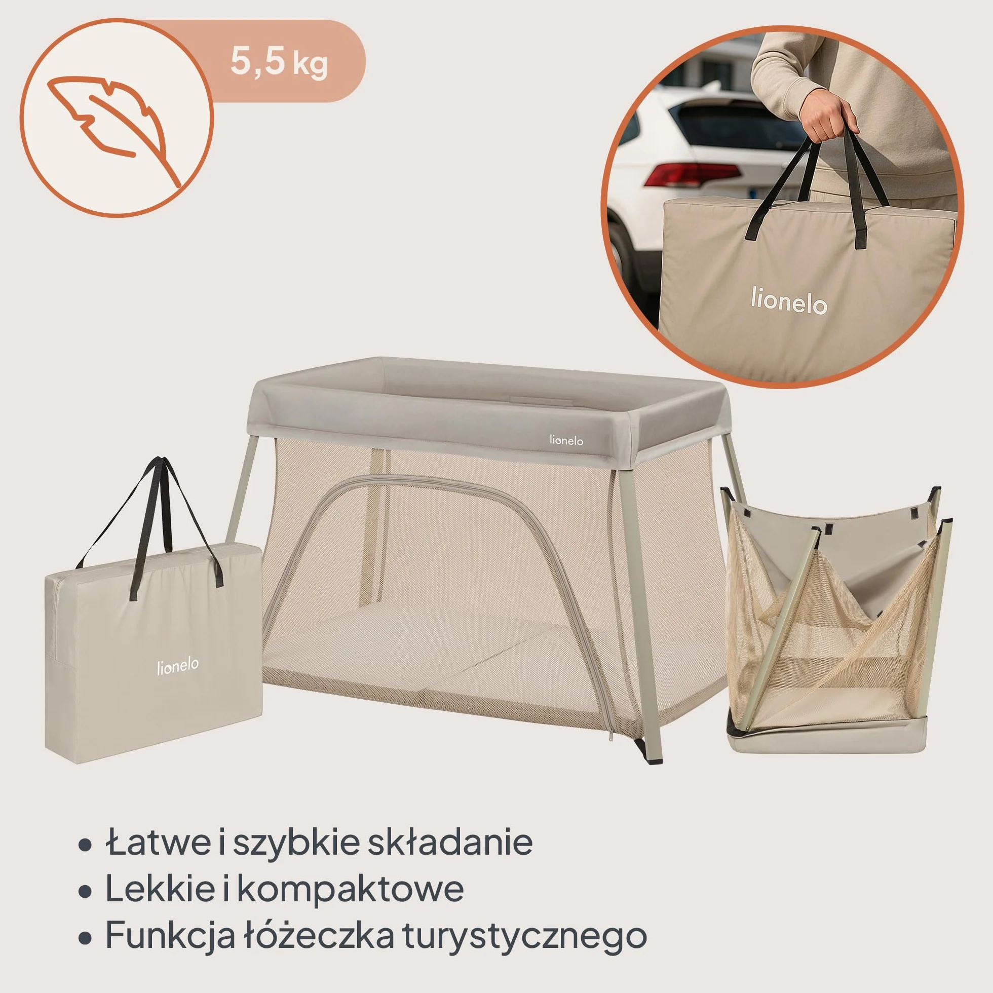 Lionelo Łóżko podróżne 3 w 1 Alicja 0-15 kg materac piankowy składane beżowy