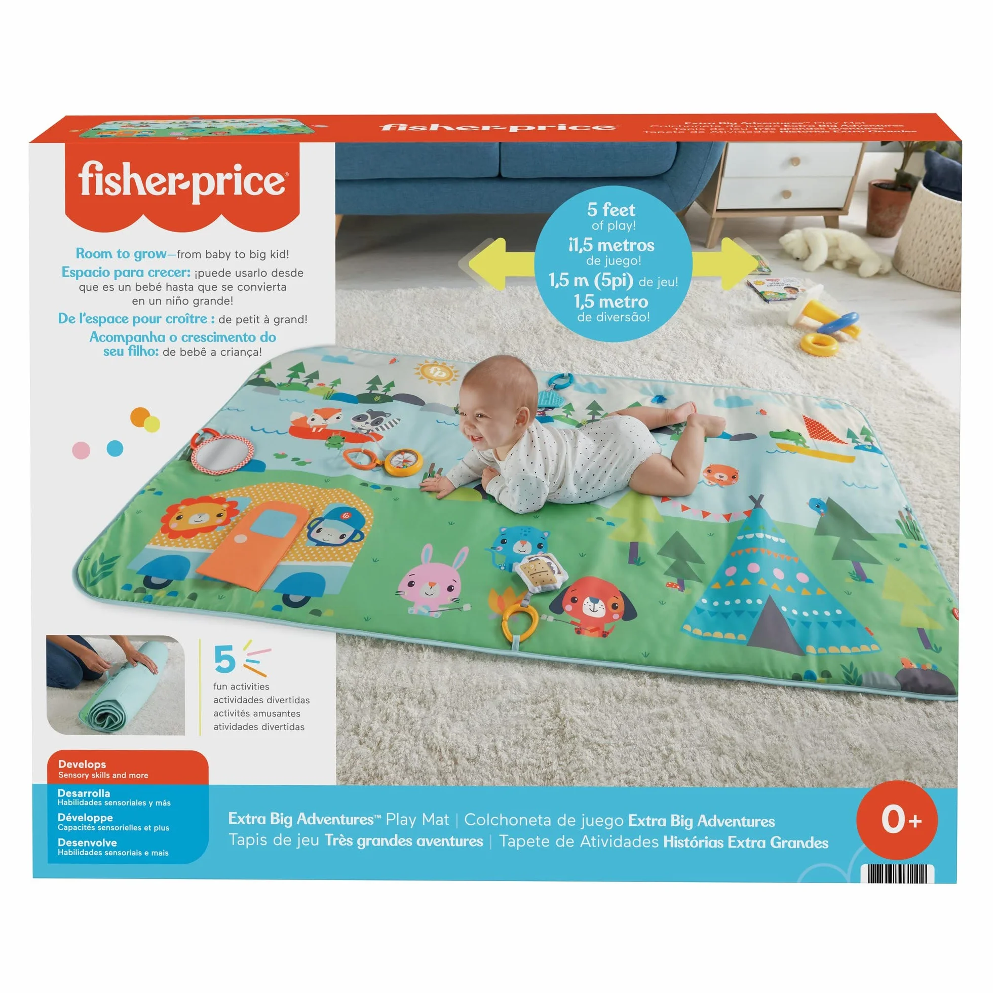 Fisher-Price Wielkie przygody Duża mata do zabawy o długości 152 cm z zabawkami dla noworodków i niemowląt, GXR53