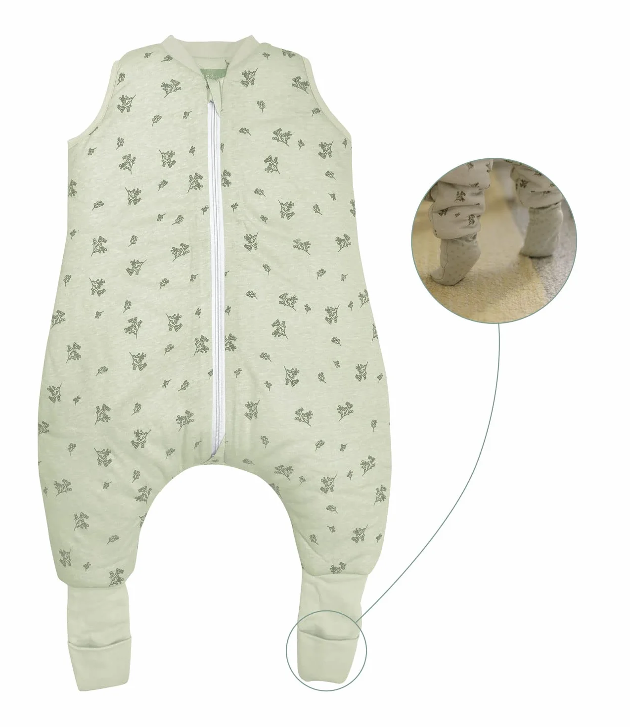 molis&co. Śpiwór ze stopami i skarpetkami. 2.5 TOG. 2 lata Idealny na czas i zimę. Botany Green. 100% bawełna, Botaniczna zieleń