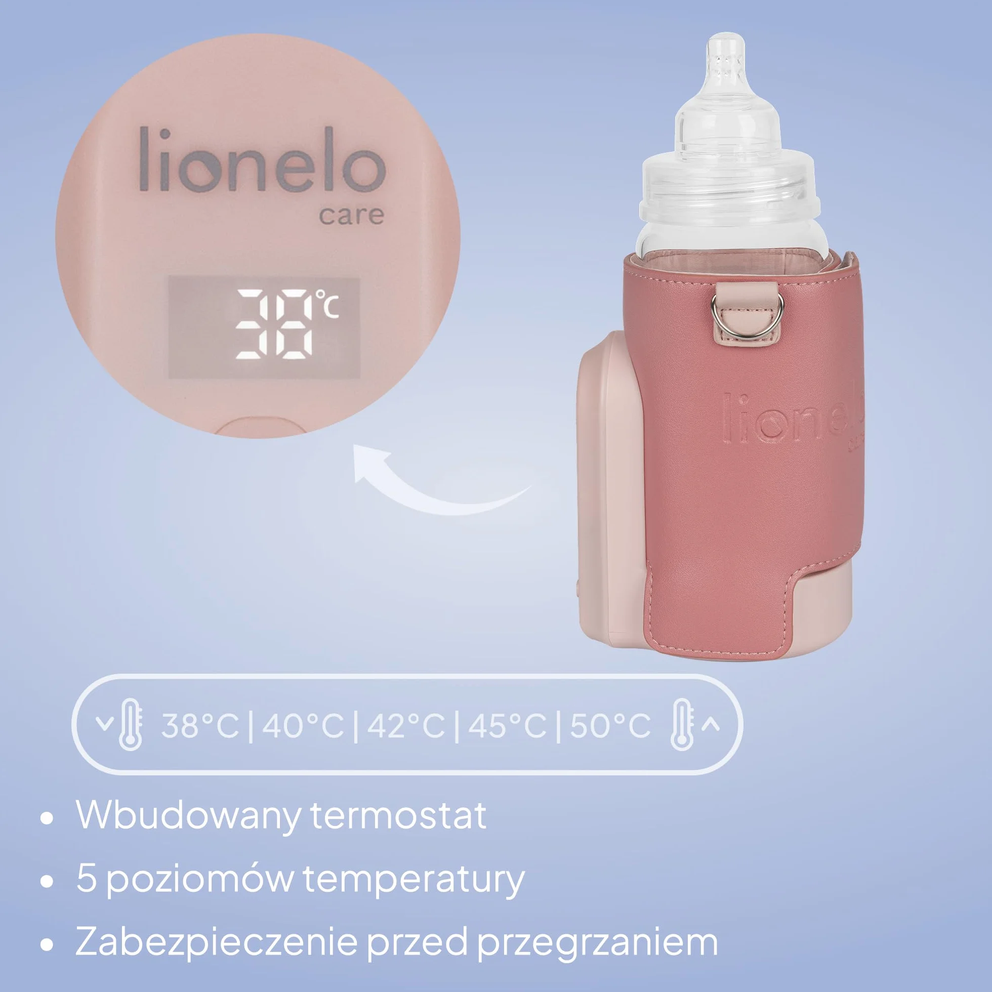 LIONELO Thermup Go Evo Przenośny Podgrzewacz do Butelek dla Niemowląt, 5 Temperatur, USB-C, LCD (Różowy)