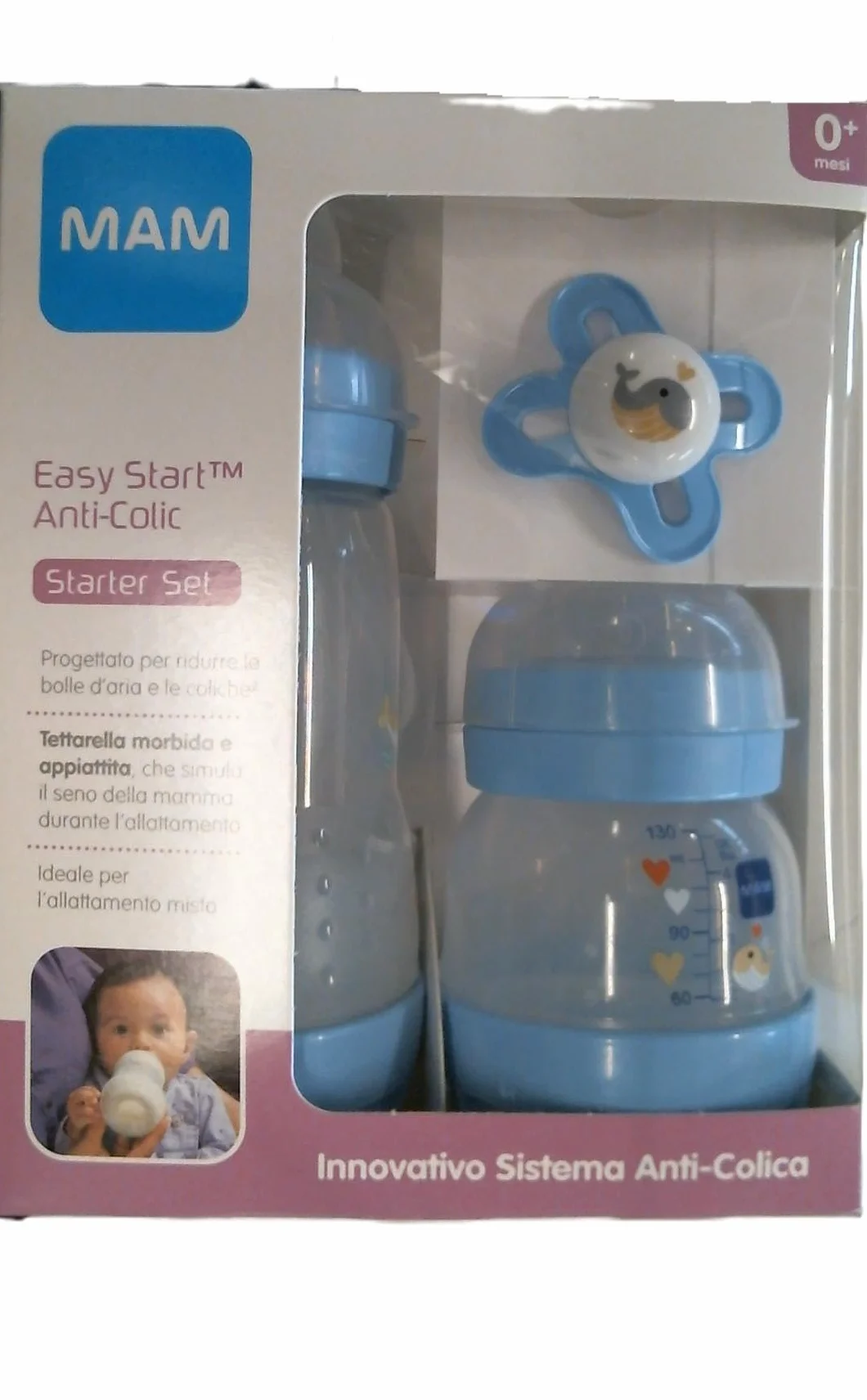 MAM Zestaw startowy butelki do karmienia Easy Start antykolowe 130 ml 260 ml silikonowy smoczek SkinSoftTM Start Nano niebieski