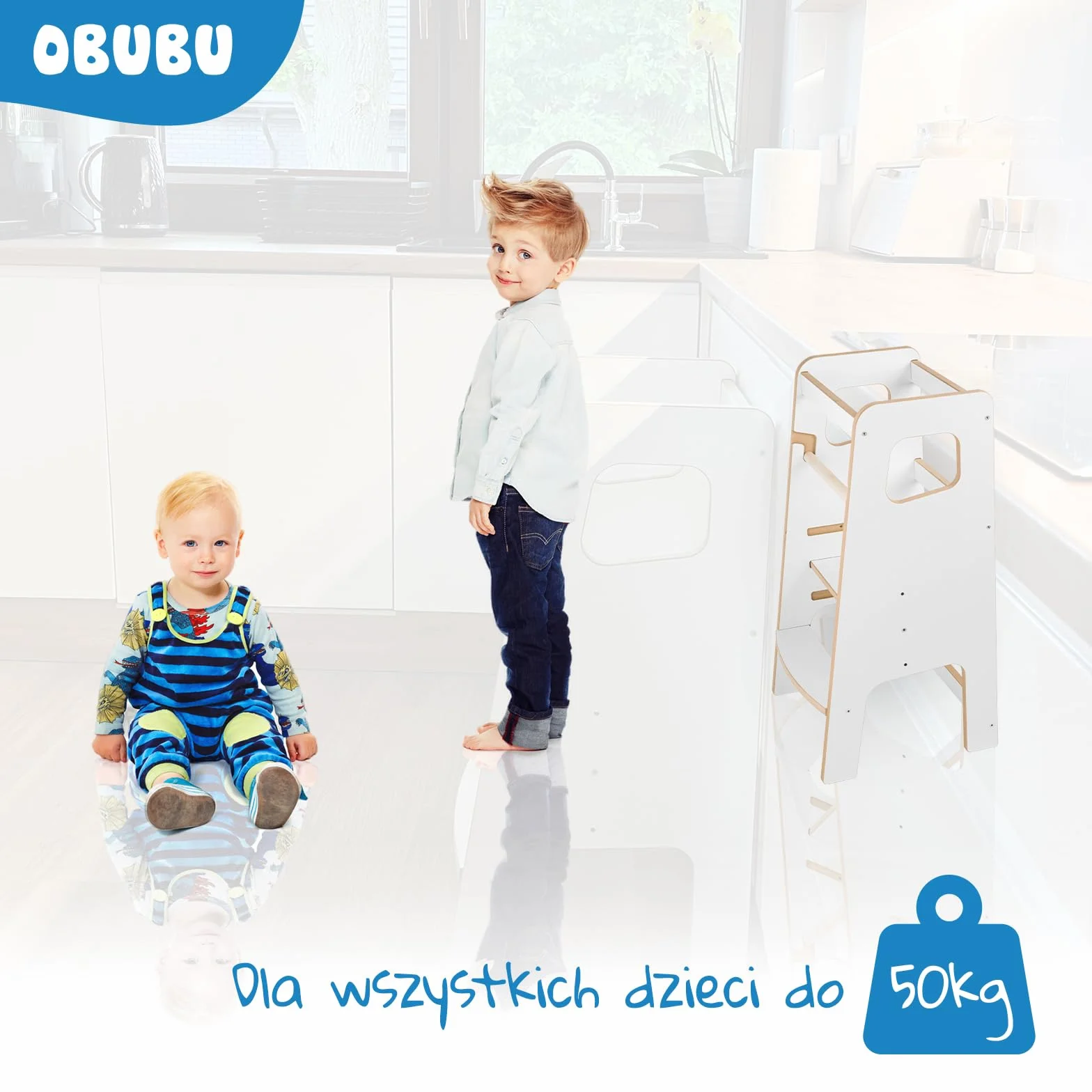 Pomocnik Kuchenny dla Dzieci - Wieża Montessori - Podest do Kuchni dla Dzieci od 1 Roku - z 2 Stopniami & Regulowaną Wysokością Podestu - Biały