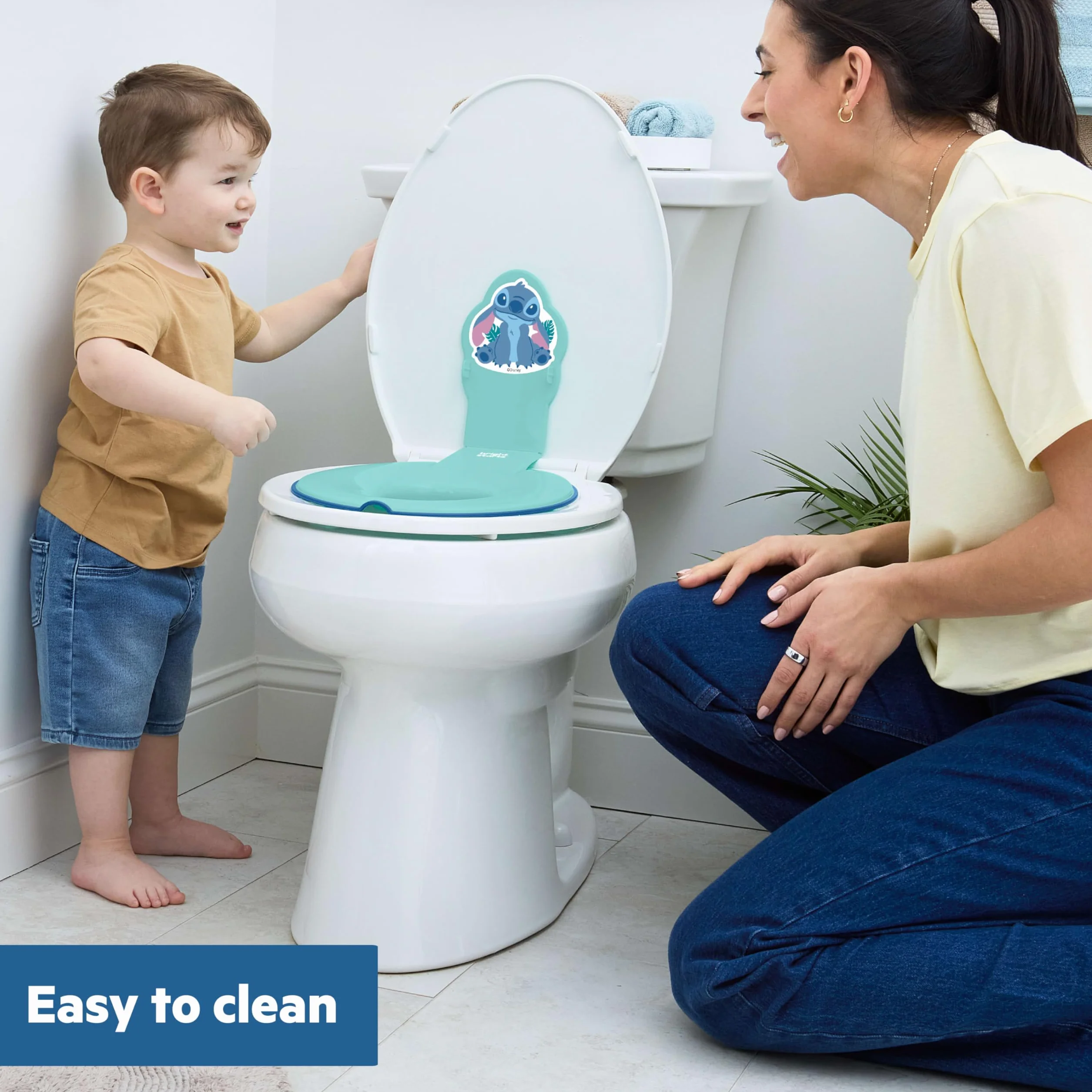 Bright Starts Disney Baby Stitch Flip & Sit Nocnik, bezpiecznie mocuje się do toalety, oszczędzający miejsce design