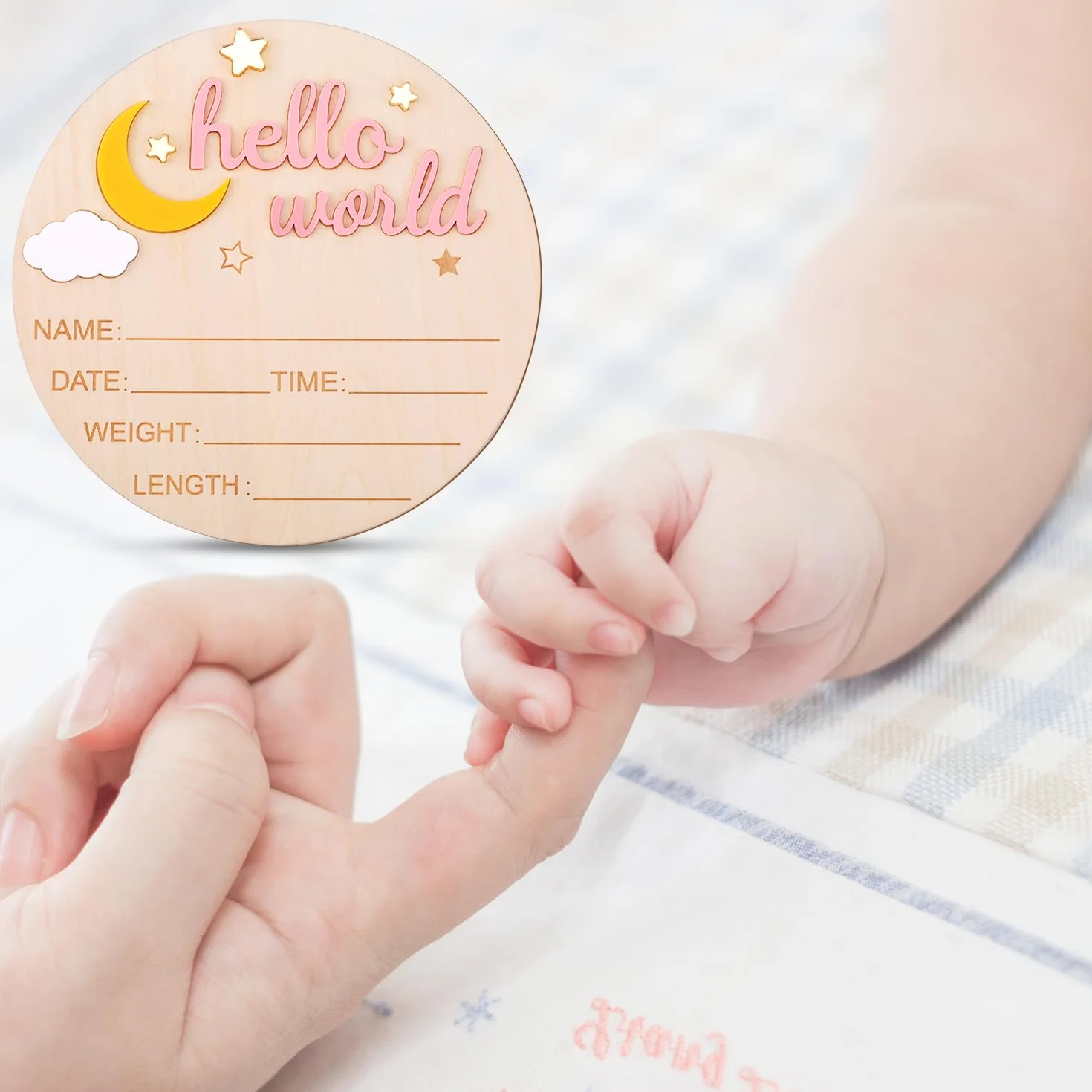Drewniany Znak dla Noworodka Hello World, Słodka Tablica z Ogłoszeniem o Narodzinach Tabliczka z Imieniem Dziecka dla Dziewczynki i Chłopca Rekwizyty do Zdjęć na Baby Shower (Różowy)