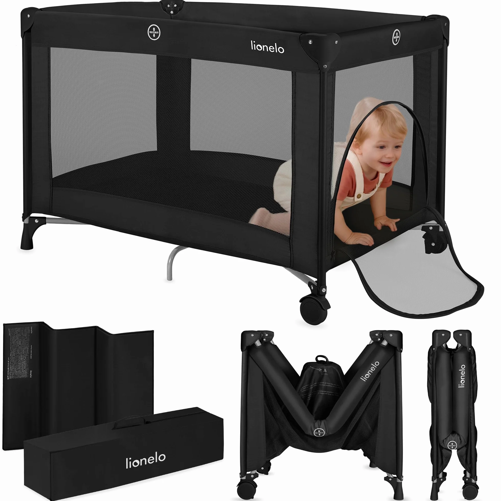 Lionelo Amelie dziecięce łóżeczko podróżne od urodzenia do 15 kg, małe, składane, miękki materac składany, 100,5 x 70,5 cm, 2 koła, boczne wejście, torba podróżna