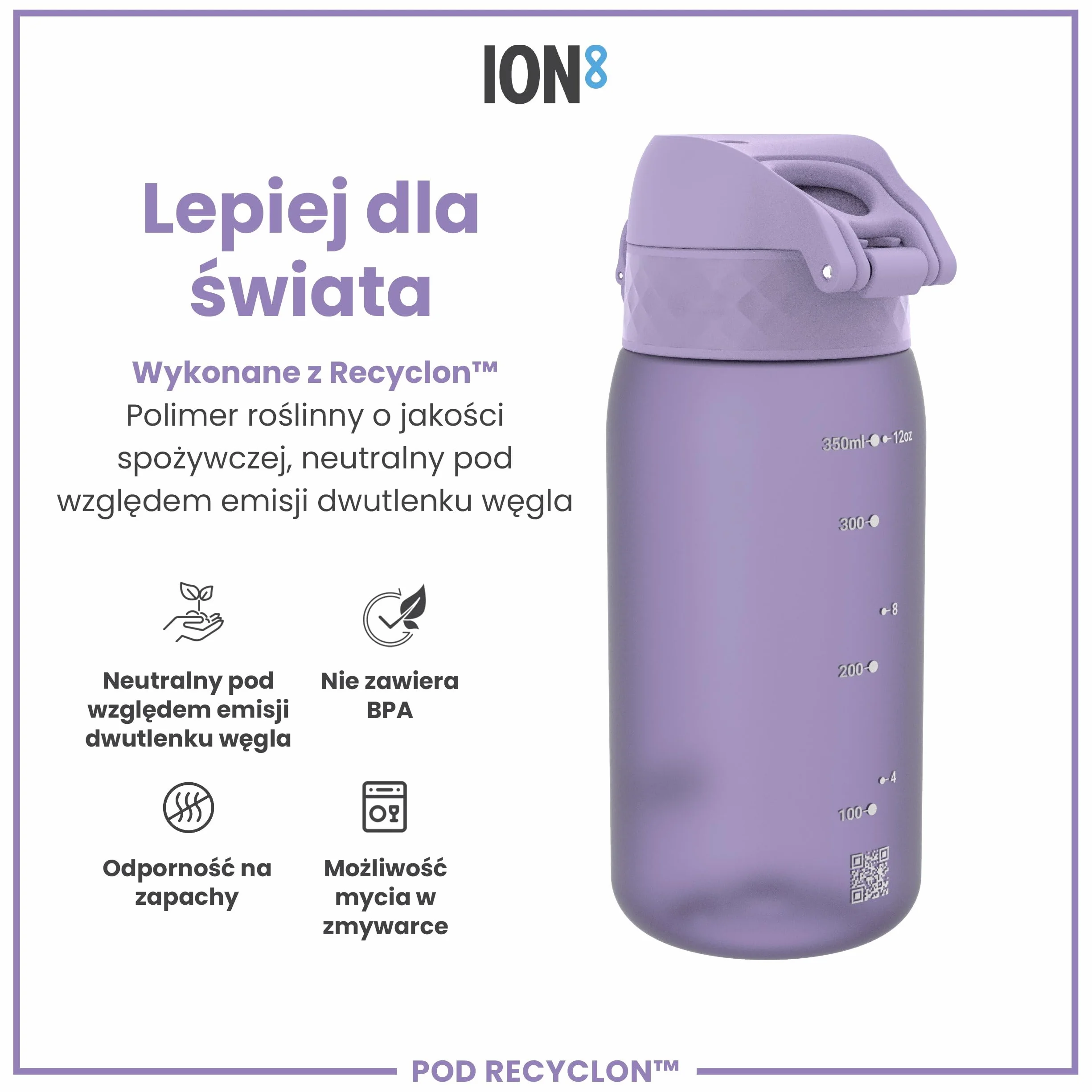 ION8 Butelka dla Dzieci, 350 ml/12 oz, Szczelna, Łatwa do Otwarcia, Bezpieczny Zamek, Można Myć w Zmywarce, Bez BPA, Uchwyt do Przenoszenia, Łatwa do Czyszczenia, Bezwonny, Jasnofioletowy