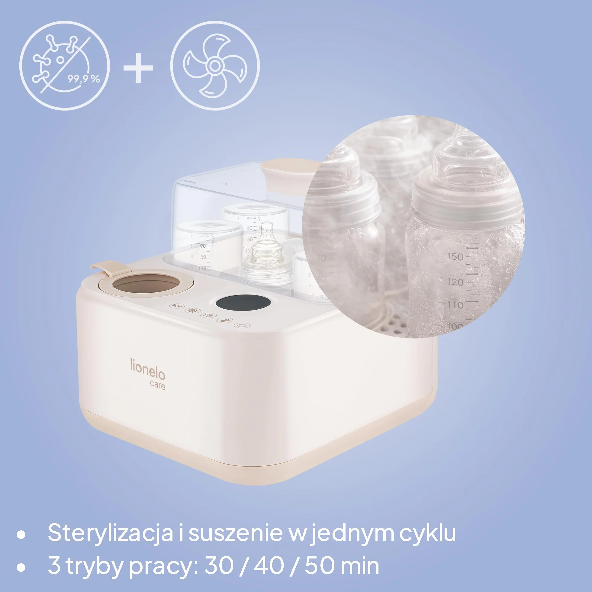 Lionelo SteamUp sterylizator 3 w 1 do butelek dla niemowląt z suszarką i ogrzewaczem butelek dla niemowląt, sterylizator parowy na 4 butelki, 99,99% redukcja zarazków, panel dotykowy, automatyczne