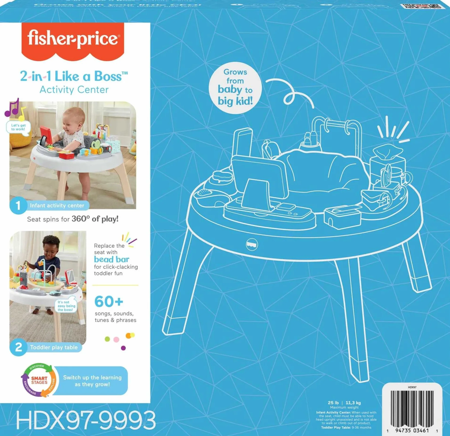 Fisher-Price Mały szef 2 w 1, aktywizujące centrum zabaw dla niemowląt i stoliczek do zabawy z muzyką, światełkami i dźwiękami dla małych dzieci, HBM26