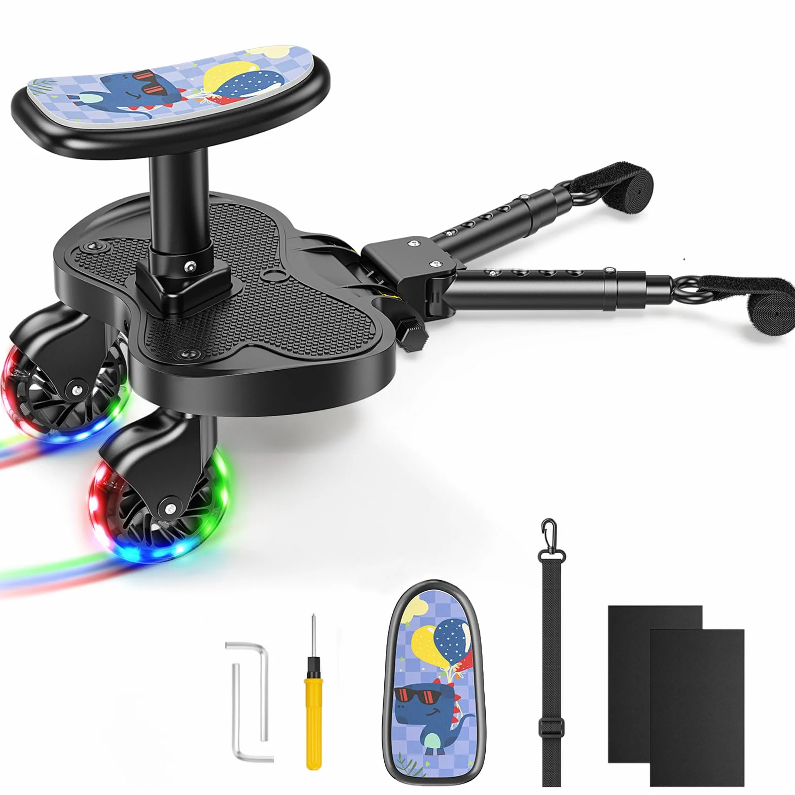 Buggy Board, uniwersalna deska do wózka dziecięcego z kółkami LED i siedziskiem dla dzieci, akcesoria do wózków dla dzieci w wieku 2-6 lat (25 kg), do ponad 99% wózków dziecięcych