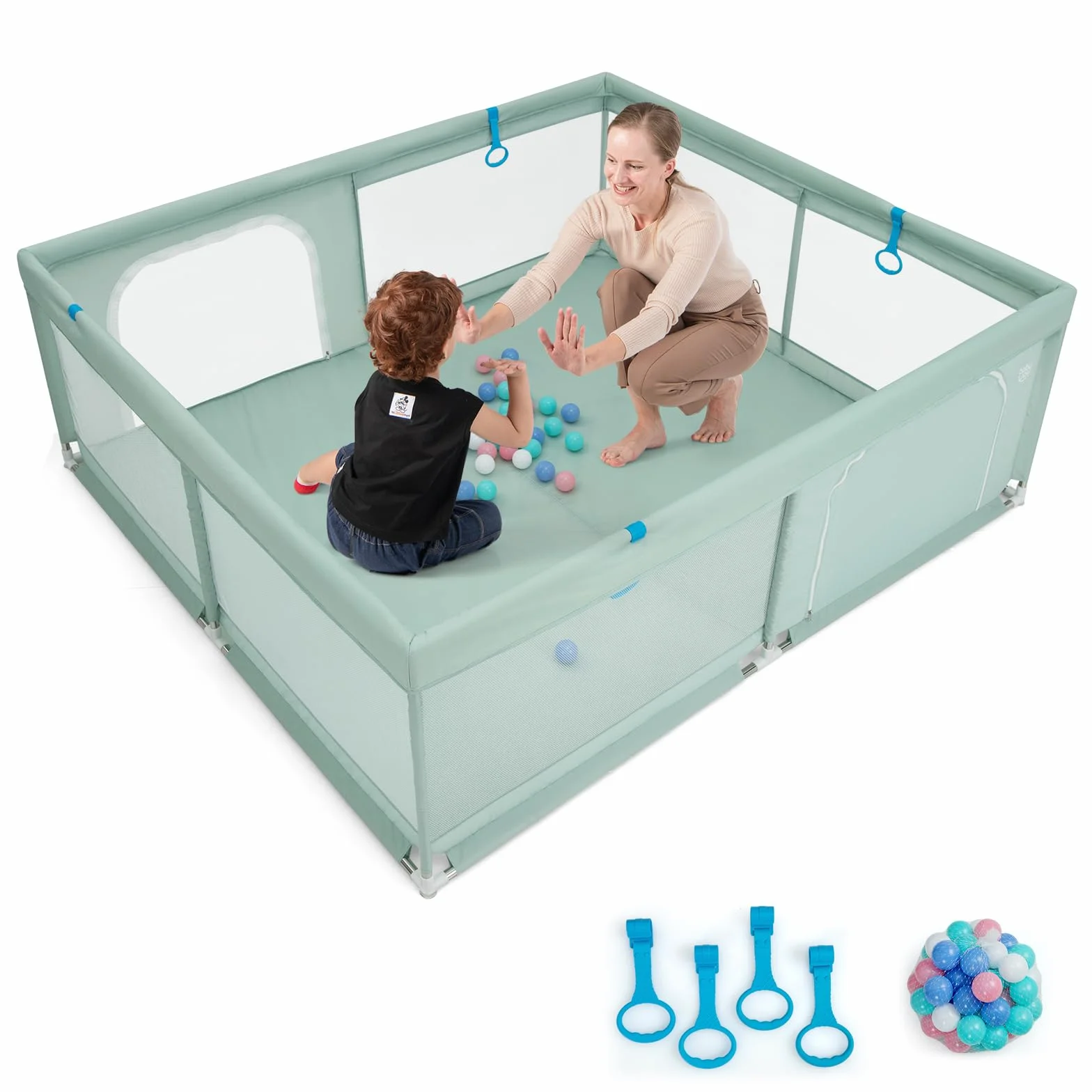 GOPLUS Kojec dla niemowląt 200 x 180 cm, kojec z materacem, 4 pierścienie pod ręce i 50 piłek do zabawy, kratka do raczkowania z oddychającą siatką, drzwi i zamek błyskawiczny dla niemowląt i małych