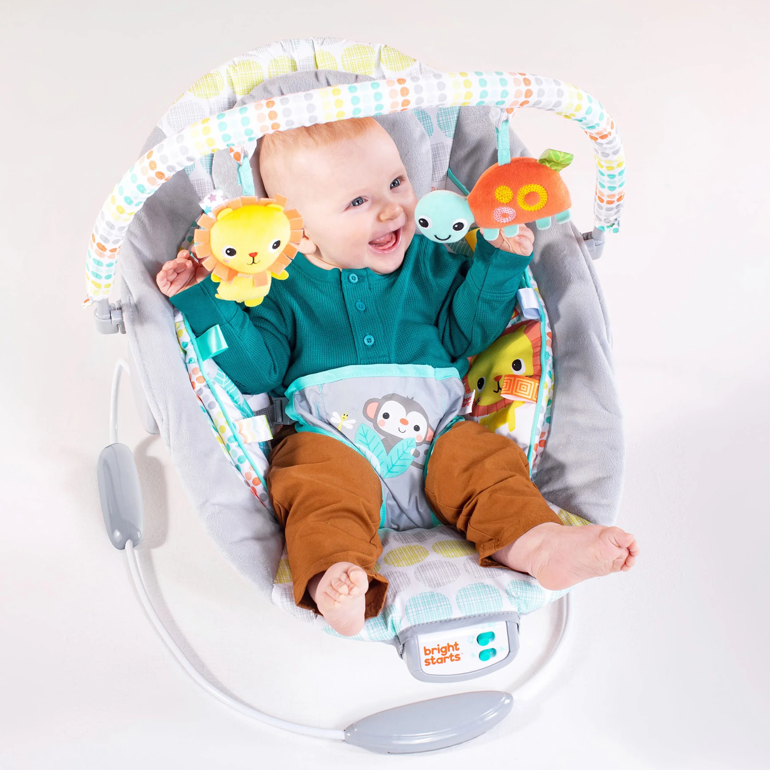 Bright Starts Wygodne siedzisko dla niemowląt, kojące wibracje, muzyka, zdejmowany, 0-6 miesięcy do 9 kg (kapryśny dziki)