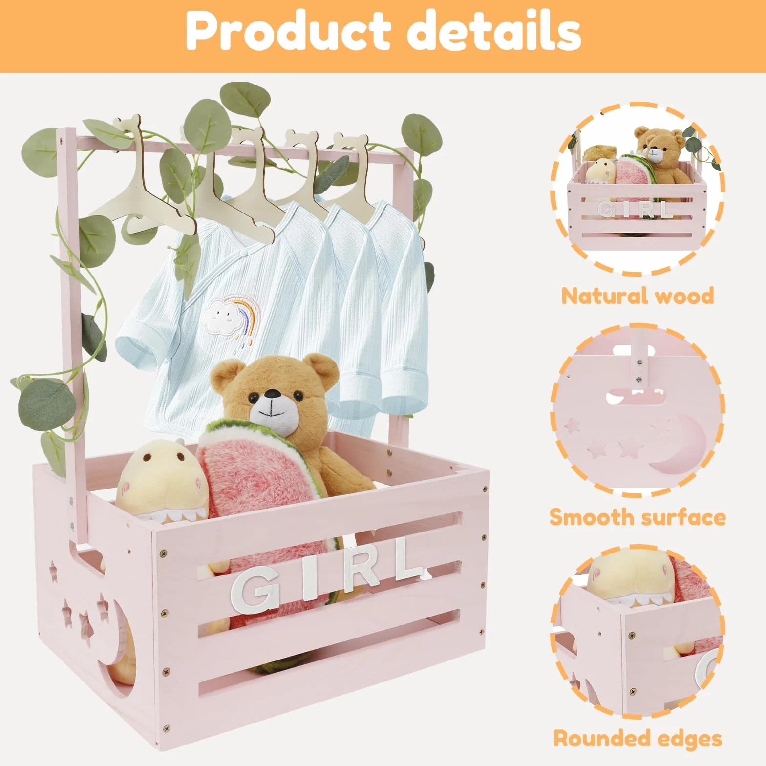 Kosz dla niemowląt z uchwytem, drewniana szafka na baby shower, praktyczna drewniana skrzynka na baby shower z drążkiem, szafka na baby shower z drewna, kosz na pranie dla dzieci, prezent (różowy)