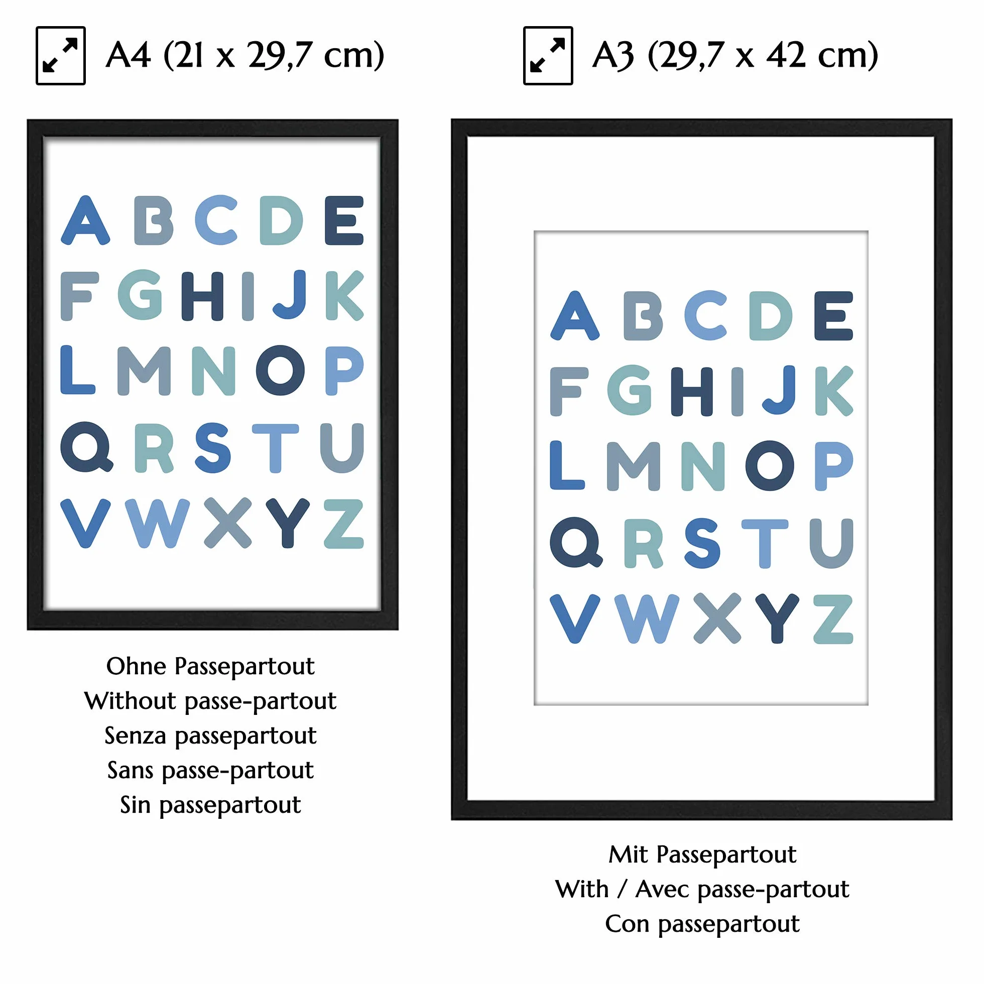 PREMYO 3 Plakat Dekoracja ściany - Dekoracja pokoju dziecięcego chłopca - Alfabet ABC Tęcza Niebieski Gruby Papier A4