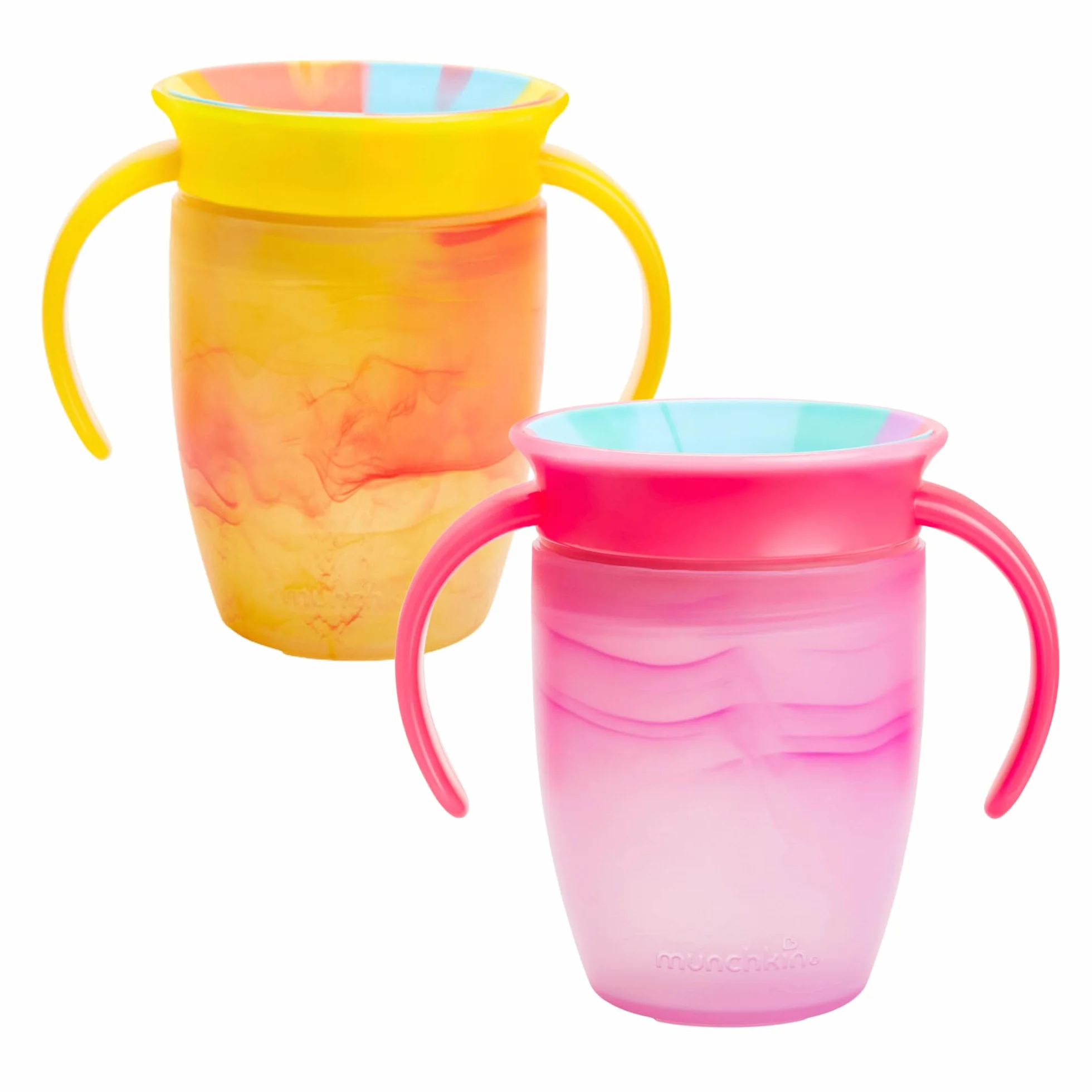 Munchkin Miracle 360 Baby Cups, kubek dla dzieci o swobodnym przepływie dla dzieci, kubek treningowy, bez BPA, butelka wody, 12 miesięcy, 10 uncji / 296 ml, 2 sztuki, żółty i różowy