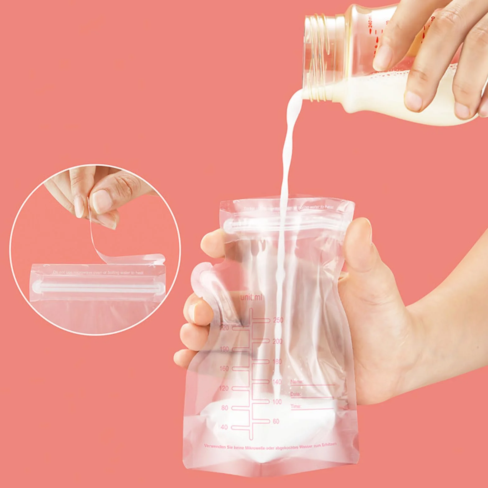 120x Woreczki na mleko matki 250ml – Torebki do przechowywania pokarmu, szczelne, sterylne, wolne od BPA, samostojąca konstrukcja, do zamrażania, z precyzyjną miarką i polem na opis