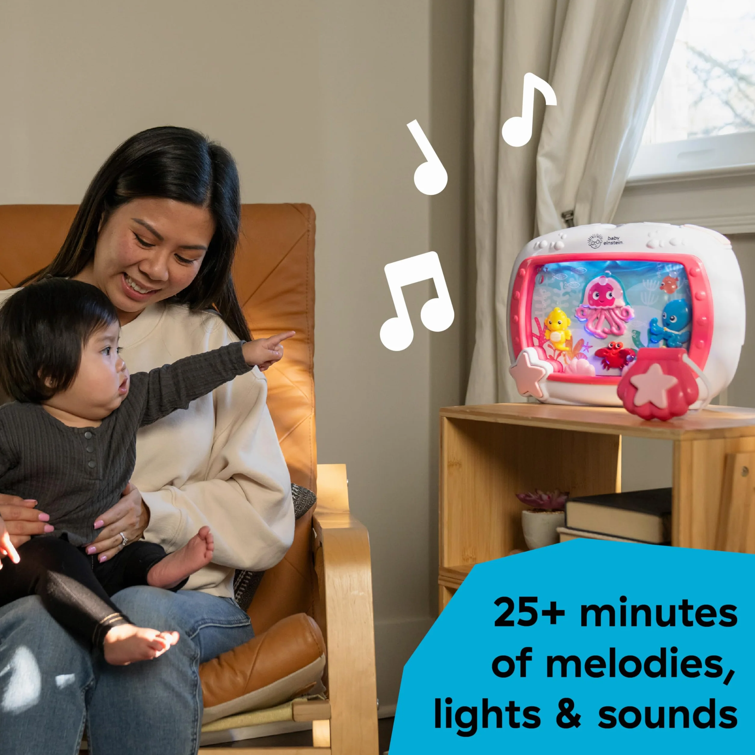 Baby Einstein Sea Dreams Soother automat dźwiękowy do spania i zabawka do łóżeczka dziecięcego z pilotem zdalnego sterowania, kojące światło nocne i białe szumy dla noworodka, dla spokojnego snu, 0+