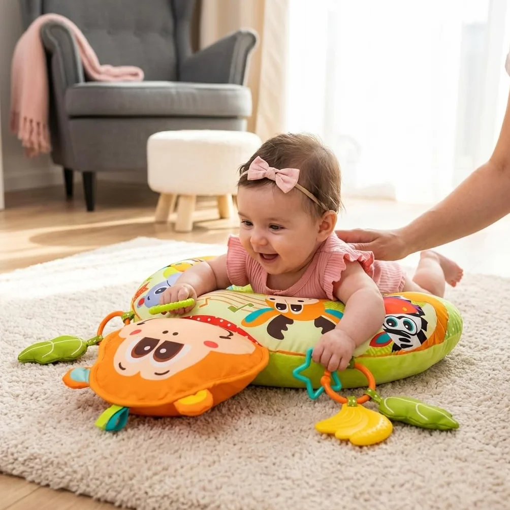BALIBAZOO Tummy Time poduszka do zabawy dla niemowląt, bez BPA, sensoryczna poduszka na brzuch z papierem trzaskającym, gryzakiem, piszczeniem i grzechotką – idealna do wspierania pozycji na brzuchu