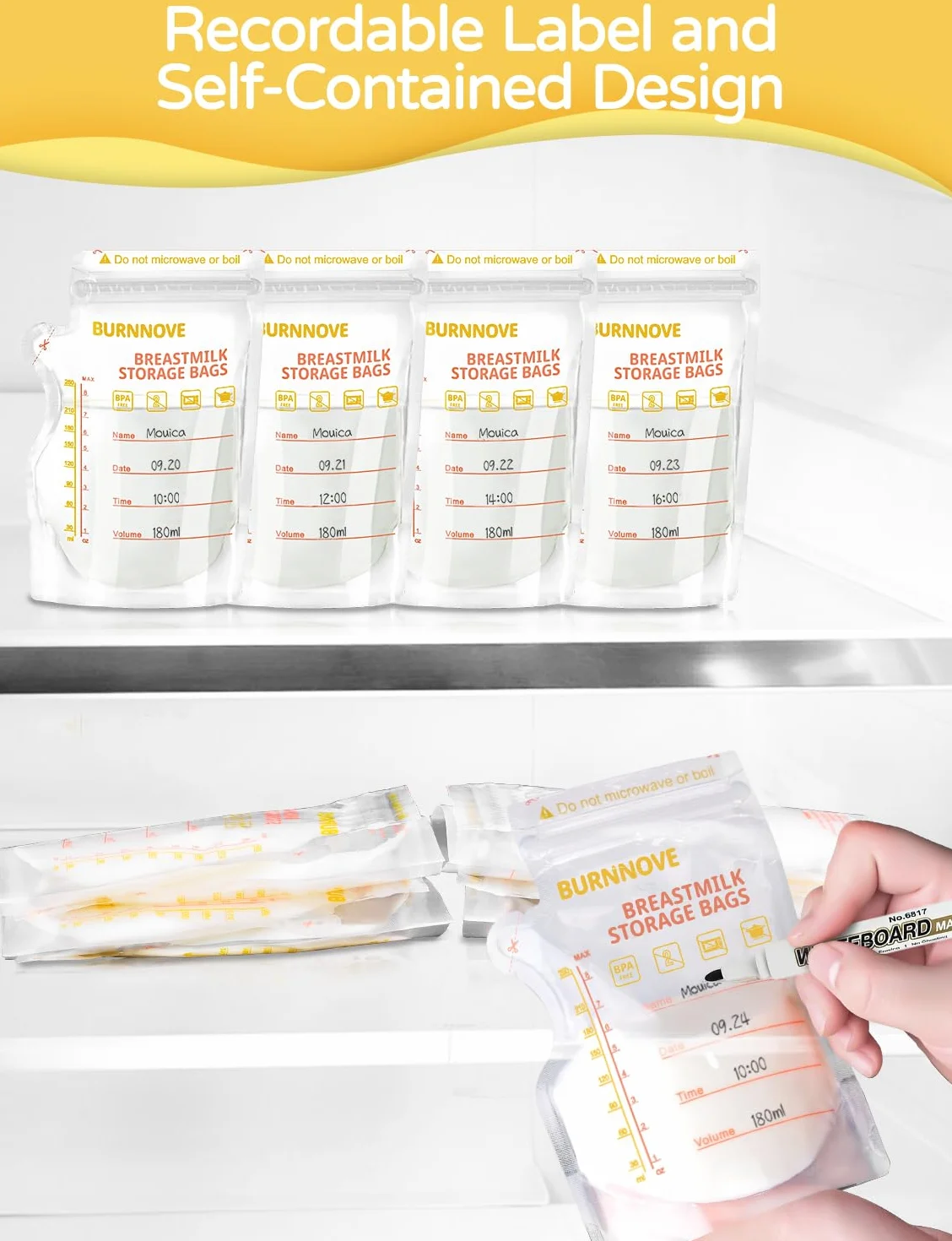 BURNNOVE Torebki do Przechowywania Mleka Matki 130 torebek 250 ml Bez BPA Podwójny zamek Błyskawiczny Szczelne Zagęszczone i Bezwonne Wstępnie Sterylizowane Można Zamrażać