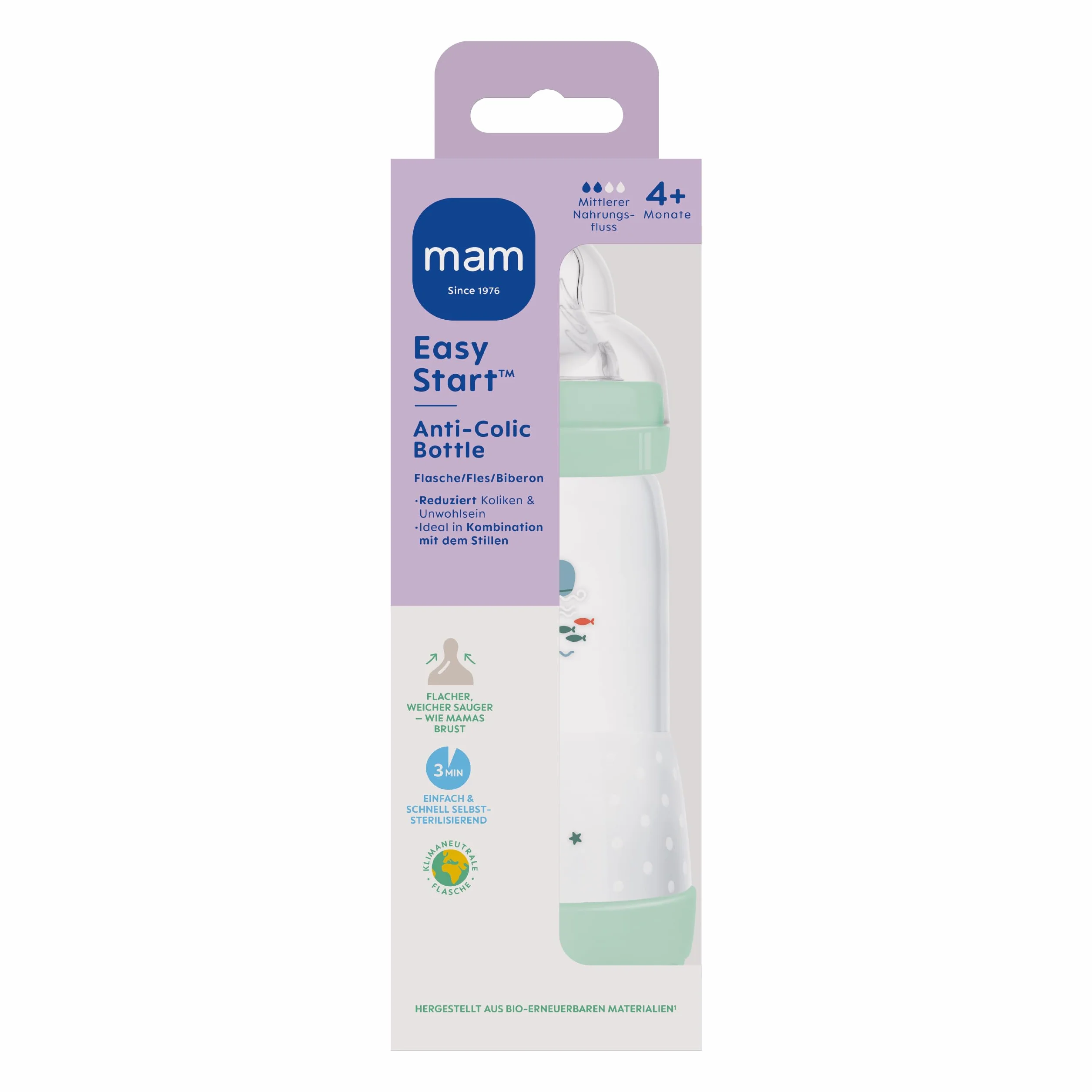 MAM Easy Start Anti-Colic butelka dla niemowląt (320 ml), wyjątkowo dobrze akceptowana butelka na mleko, butelka na napoje dla niemowląt z zaworem dolnym przeciwko kolce i ssaniu, rozmiar 2, 4+
