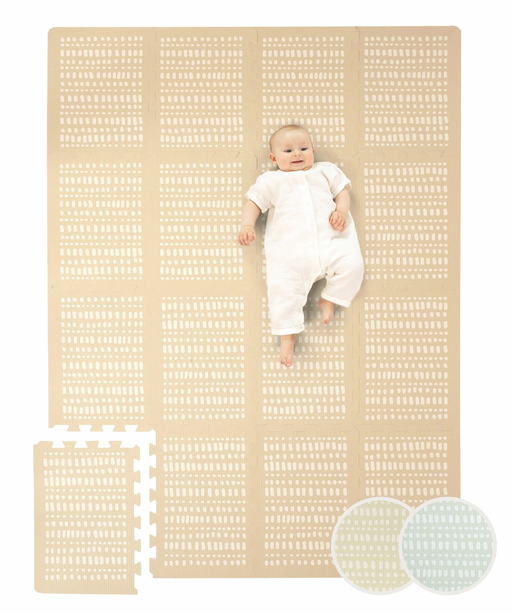 Elegancki dywan do puzzli dla niemowląt 1,7 x 1,2 m Hygge Sand - 16 płytek XL z krawędziami, gruby i miękki, bez szkodliwych substancji, bezwonny, łatwy w pielęgnacji, opakowanie bez plastiku.
