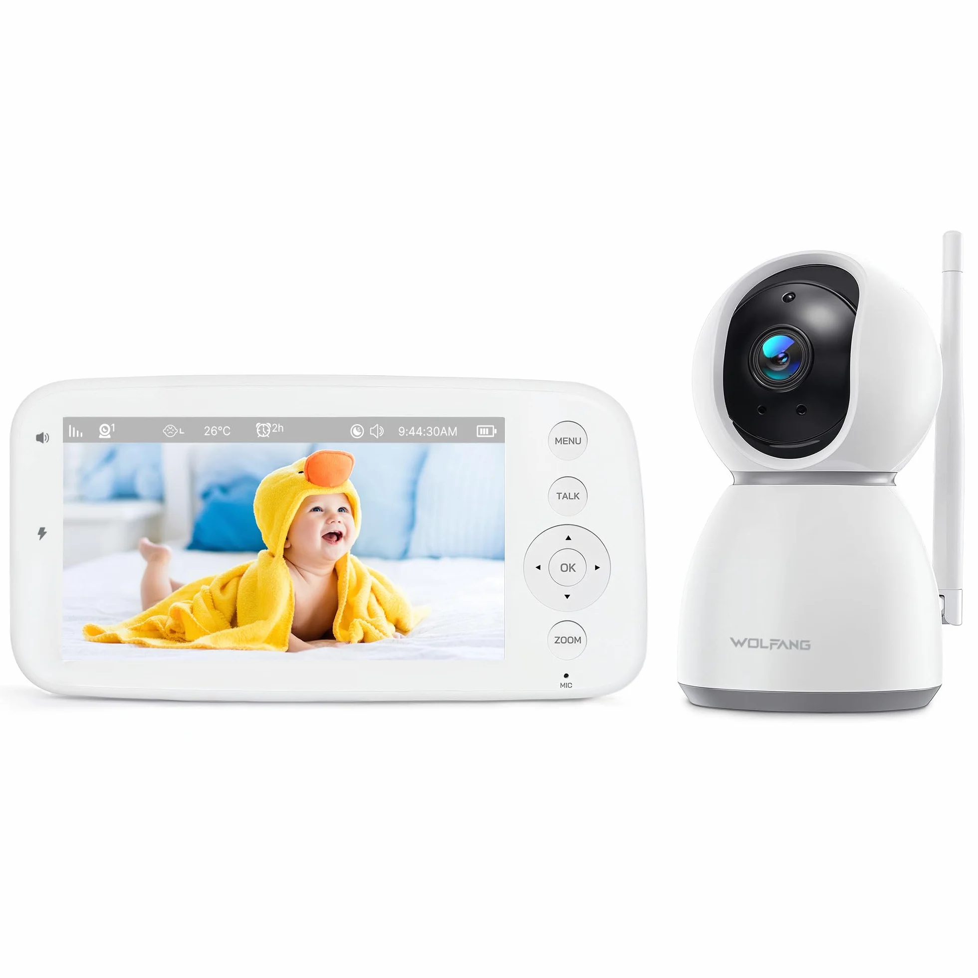 WOLFANG WB03 Baby Monitor 5" 720P z 10-godzinną baterią, kamera 1080P z noktowizorem i 2-krotnym zoomem cyfrowym, monitor wideo Pan-Tilt-Zoom bez WiFi, 2-drożna rozmowa, temperatura, 8 kołysanek