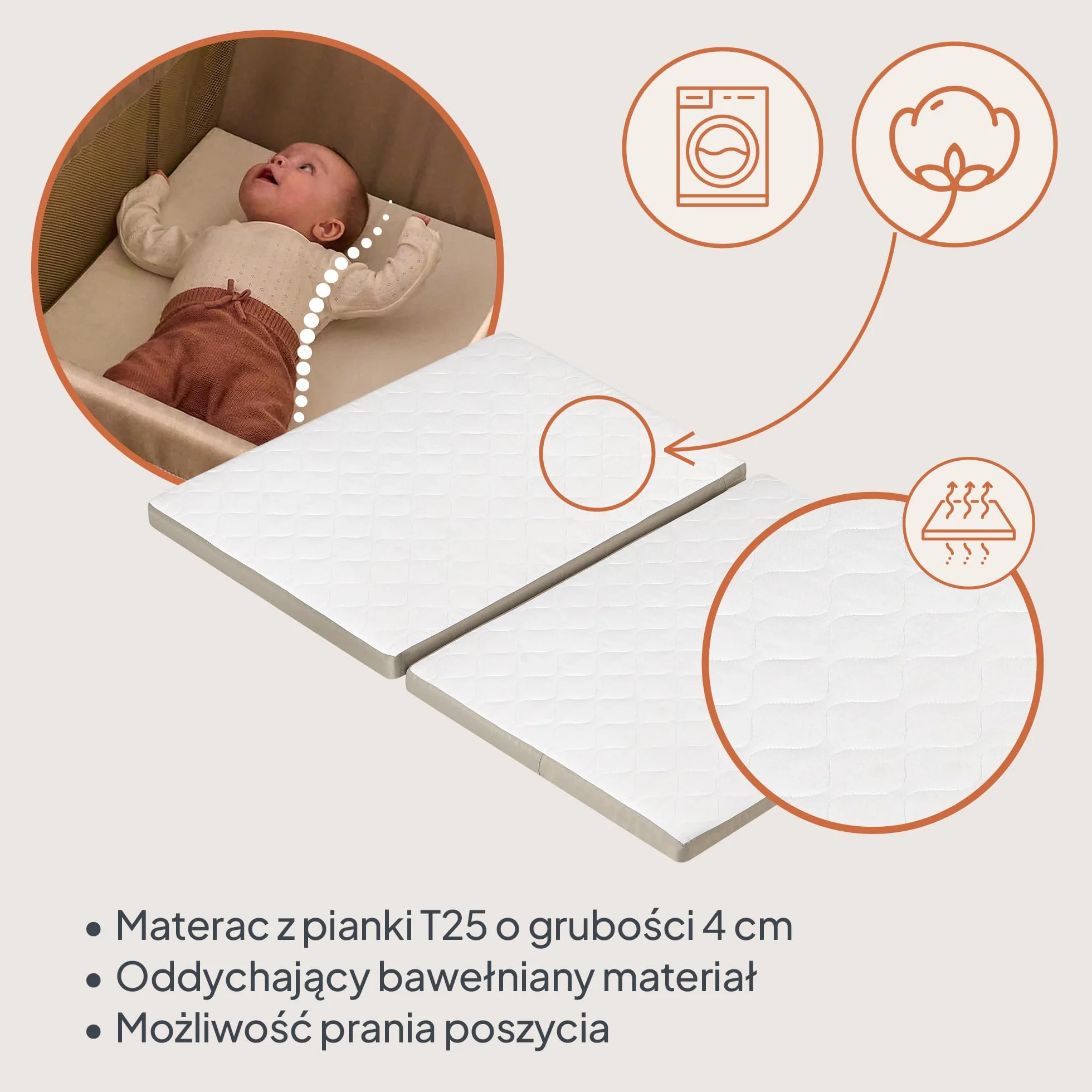 Lionelo Łóżko podróżne 3 w 1 Alicja 0-15 kg materac piankowy składane beżowy
