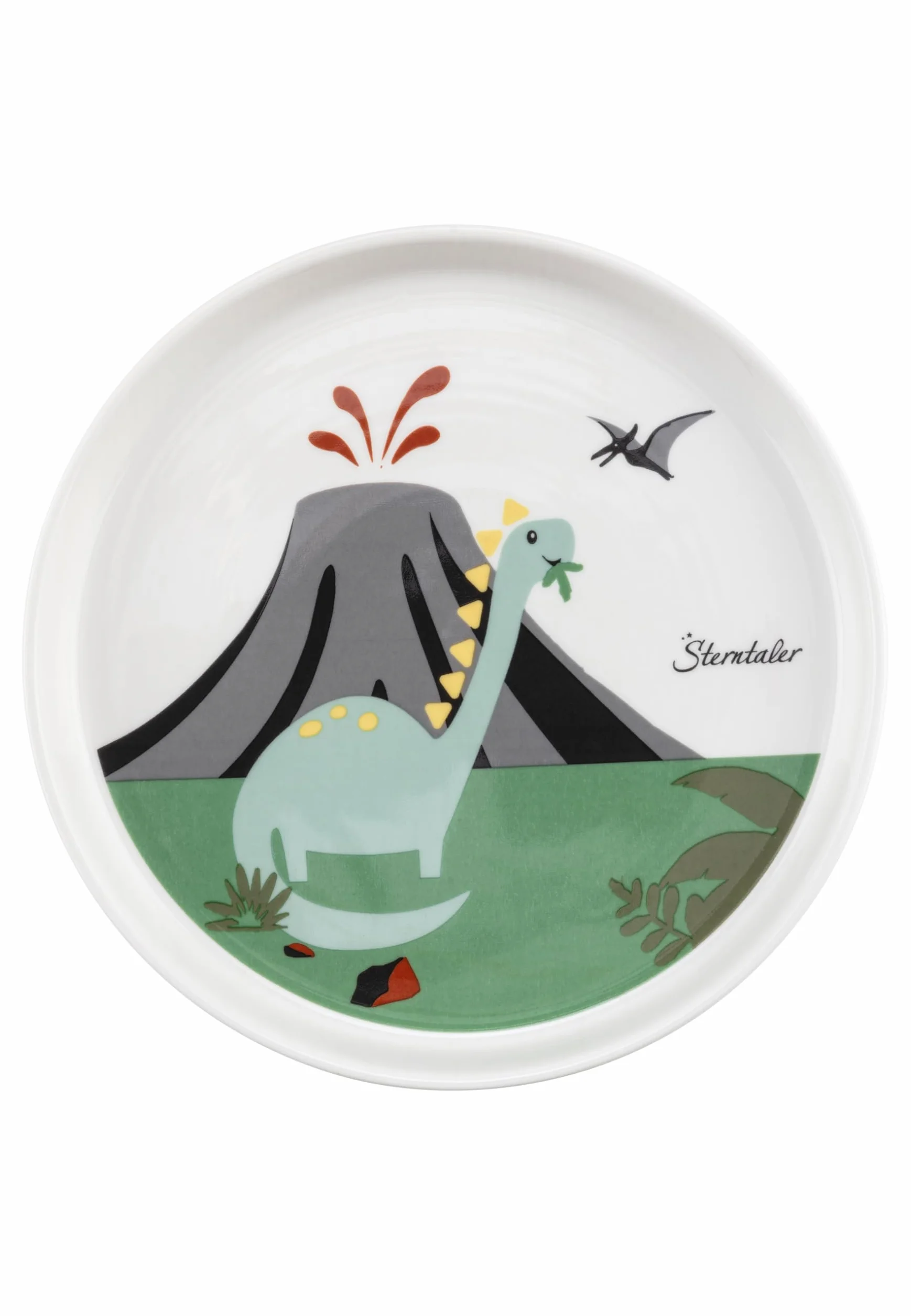 Sterntaler Zestaw naczyń z porcelany Dino Rexi – zestaw naczyń z antypoślizgową i zdejmowaną podstawką silikonową – naczynia dla niemowląt i dzieci z talerzem, miską 400 ml i filiżanką 200 ml, biały