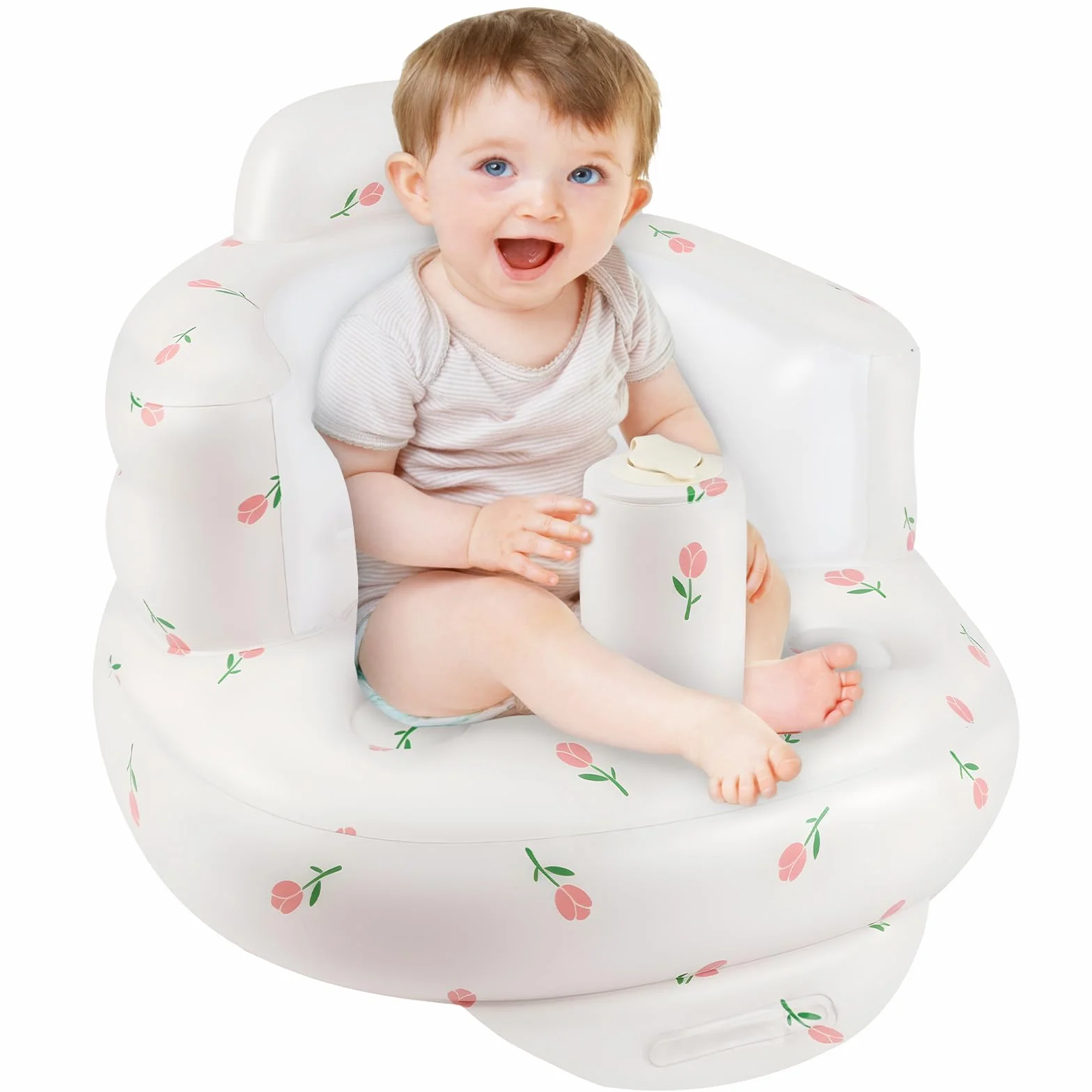 Dmuchane krzesełko dla niemowląt Alaoo, letnia sofa z podparciem dla niemowląt od 3 miesięcy, dmuchany fotel do siedzenia, krzesełko do prysznica, siedzisko ogrodowe, wzór w tulipany