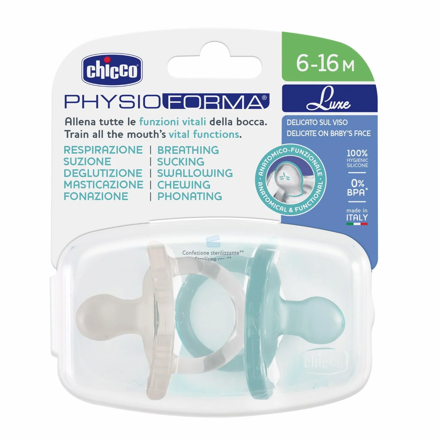Chicco PhysioForma Gommotto Luxe, silikonowy smoczek 6-16 miesięcy, zestaw miękkich i delikatnych gumek, wspierają fizjologiczne oddychanie i promują prawidłowy rozwój ust, 2 sztuki, dziecko