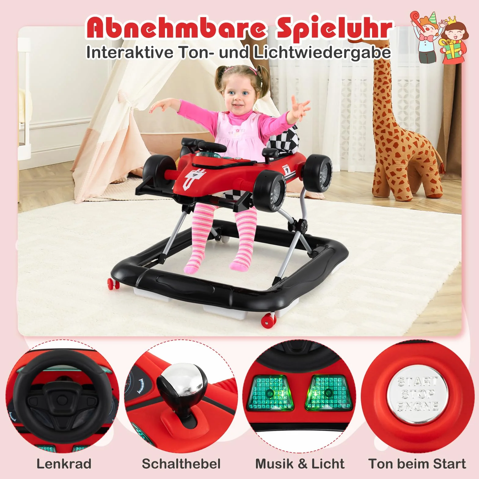 COSTWAY Pomoc w nauce chodzenia 4 w 1, wózek do nauki chodzenia, składany z regulacją wysokości, Baby Walker w kształcie samochodu z kierownicą i pozytywką, wózek z kółkami dla dzieci w wieku 6-18