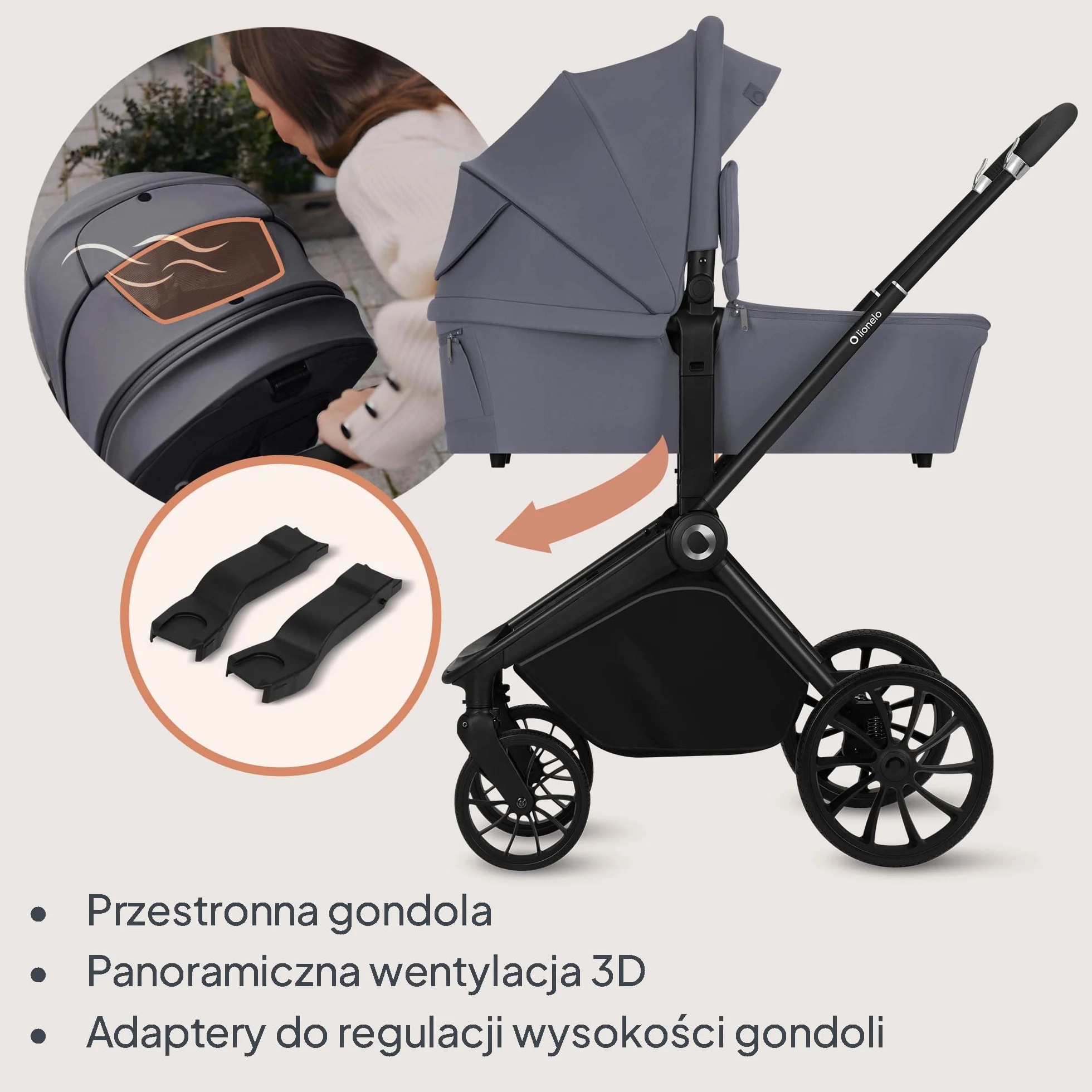 LIONELO MIKA PLUS 3 w 1 Wózek Spacerowy Dziecięcy 0-48 miesięcy do 22 kg Gondola do 9 kg Fotelik Samochodowy Nosidło do 13 kg, Regulacja Oparcia, Amortyzacja, Koła 360° Budka XXL (Szary)