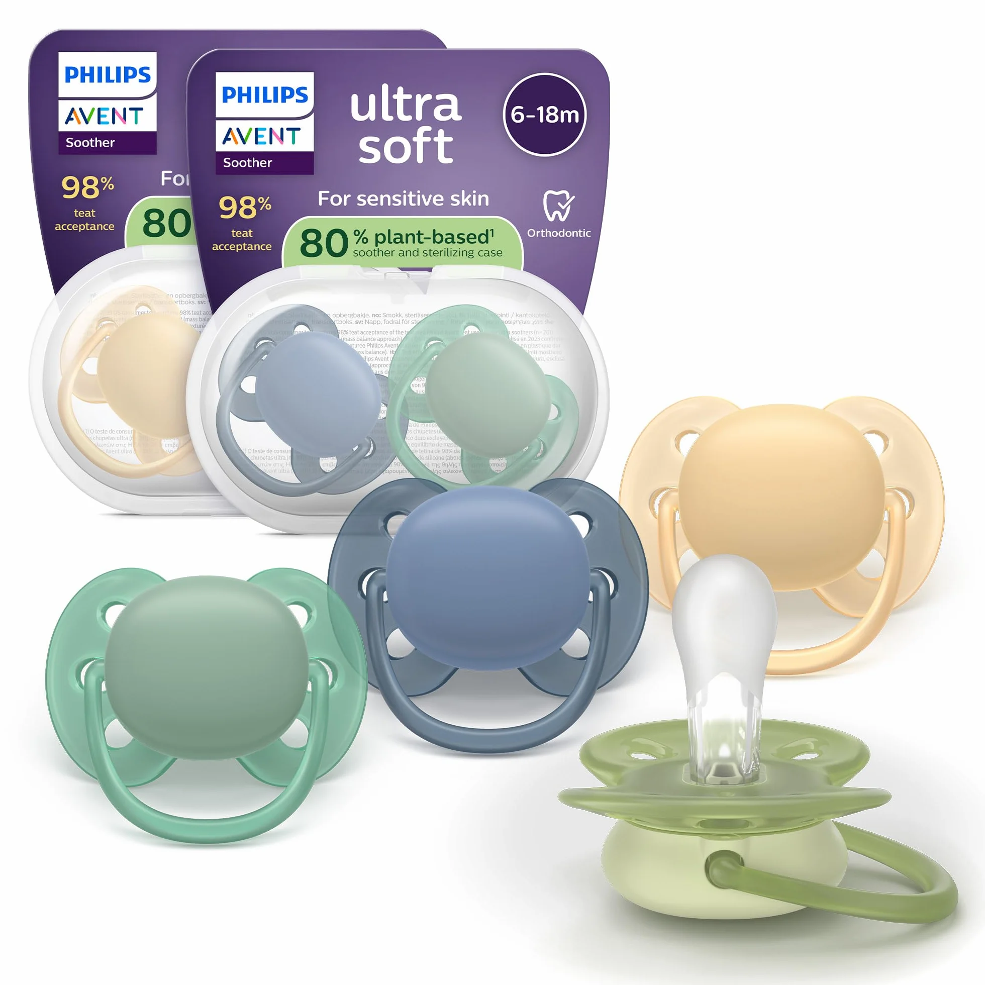 Philips Avent Ultra Soft Smoczki — ortodontyczny smoczek dla dzieci w wieku 6–18 miesięcy, elastyczna osłonka, symetryczna silikonowa końcówka, bez BPA, 2 etui do sterylizacji, 4 sztuki, SCF091/53