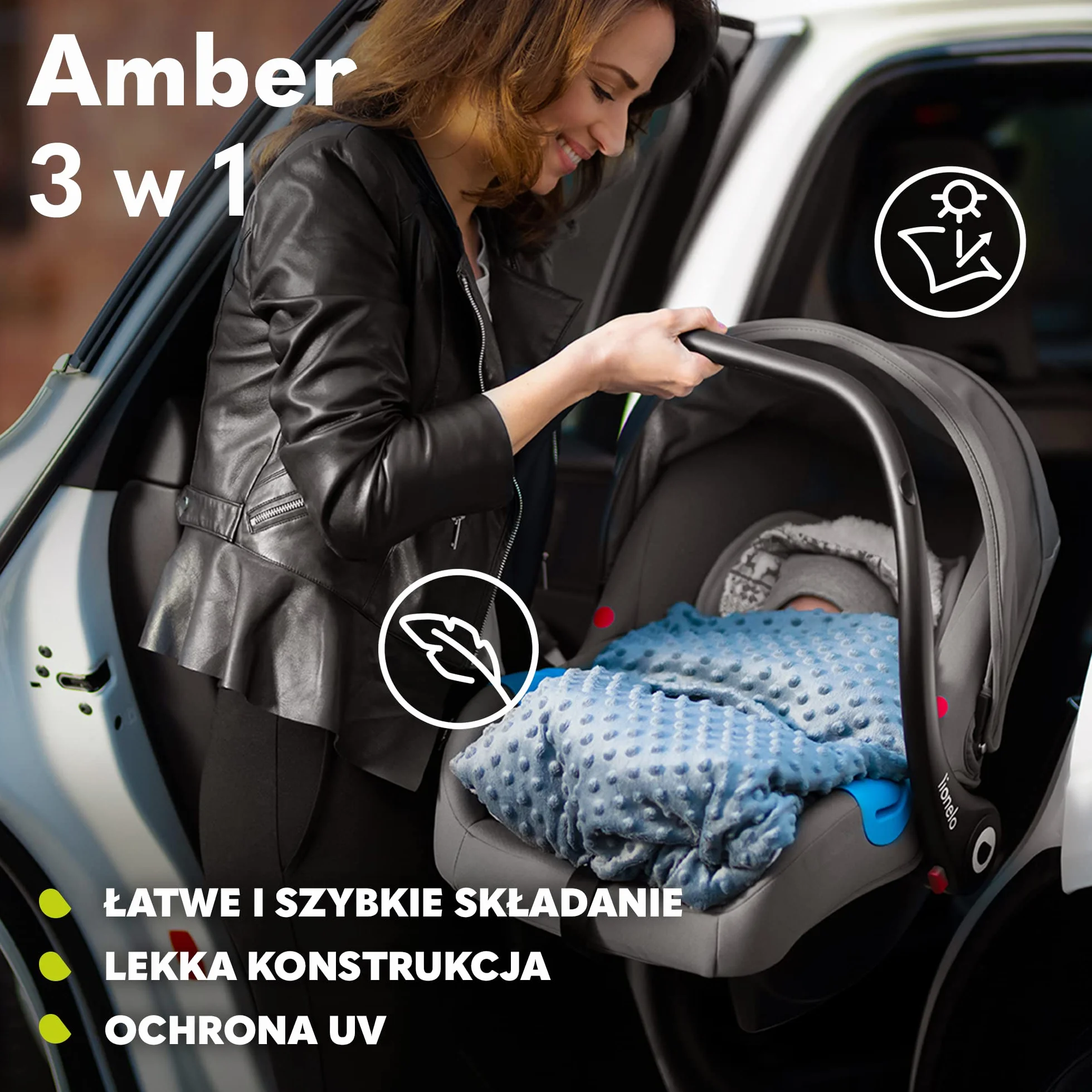 LIONELO Amber wózek spacerowy 3 w 1 do 22kg, montaż siedziska przodem lub tyłem do kierunku jazdy, pozycja leżąca, bezobsługowe koła PU, pokrowiec na gondolę i na spacerówkę, fotelik samochodowy (Granatowy)